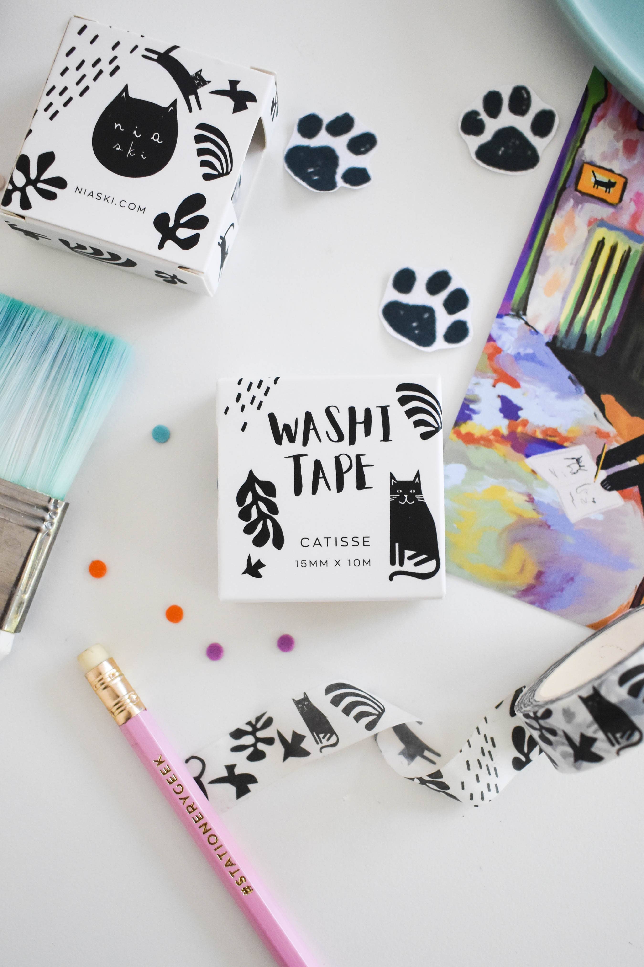 Catisse Cat Washi Tape - Cute Cat Pattern Decorative Paper Tape for Scrapbooking, Journaling, DIY Crafts & Gift Wrapping (Set of 6 Rolls) - Perfect for Bullet Journals, Planners, and Home Decor
