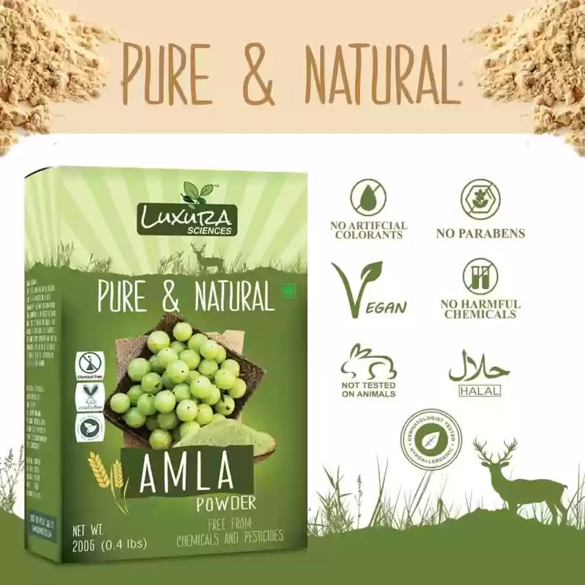 Luxura Sciences Pure Amla Powder for Hair Growth (200g) - Natural Vitamin C & Antioxidant Rich Hair Care Treatment - DIY Hair Masks for Dry, Damaged Hair - Strengthens & Nourishes Scalp - Perfect for Ayurvedic Hair Regimen & Holistic Beauty Routines