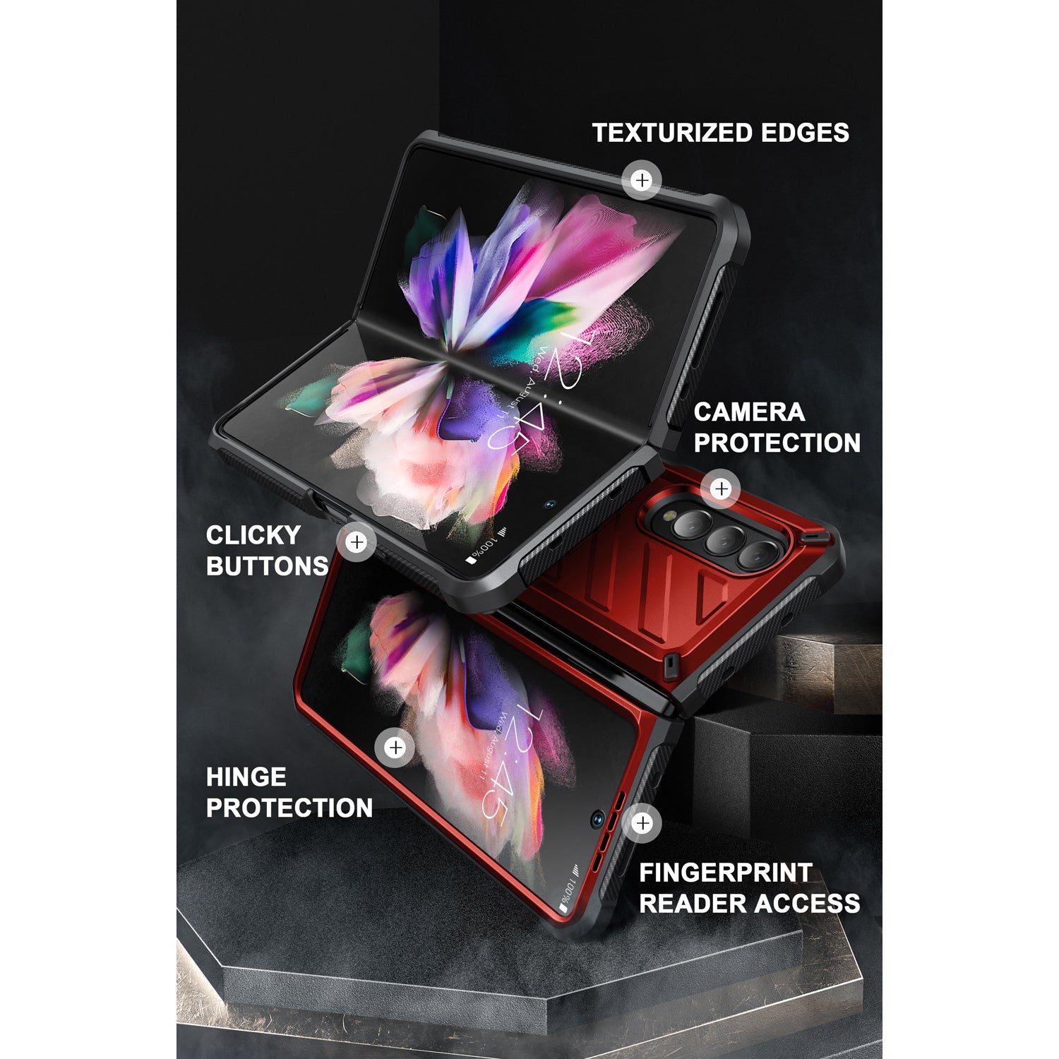 Samsung Galaxy Z Fold 3 Case with Built-in Kickstand & Screen Protector - Shockproof Heavy Duty Cover for Z Fold3 (Metallic Red) | Perfect for Work, Travel & Everyday Protection