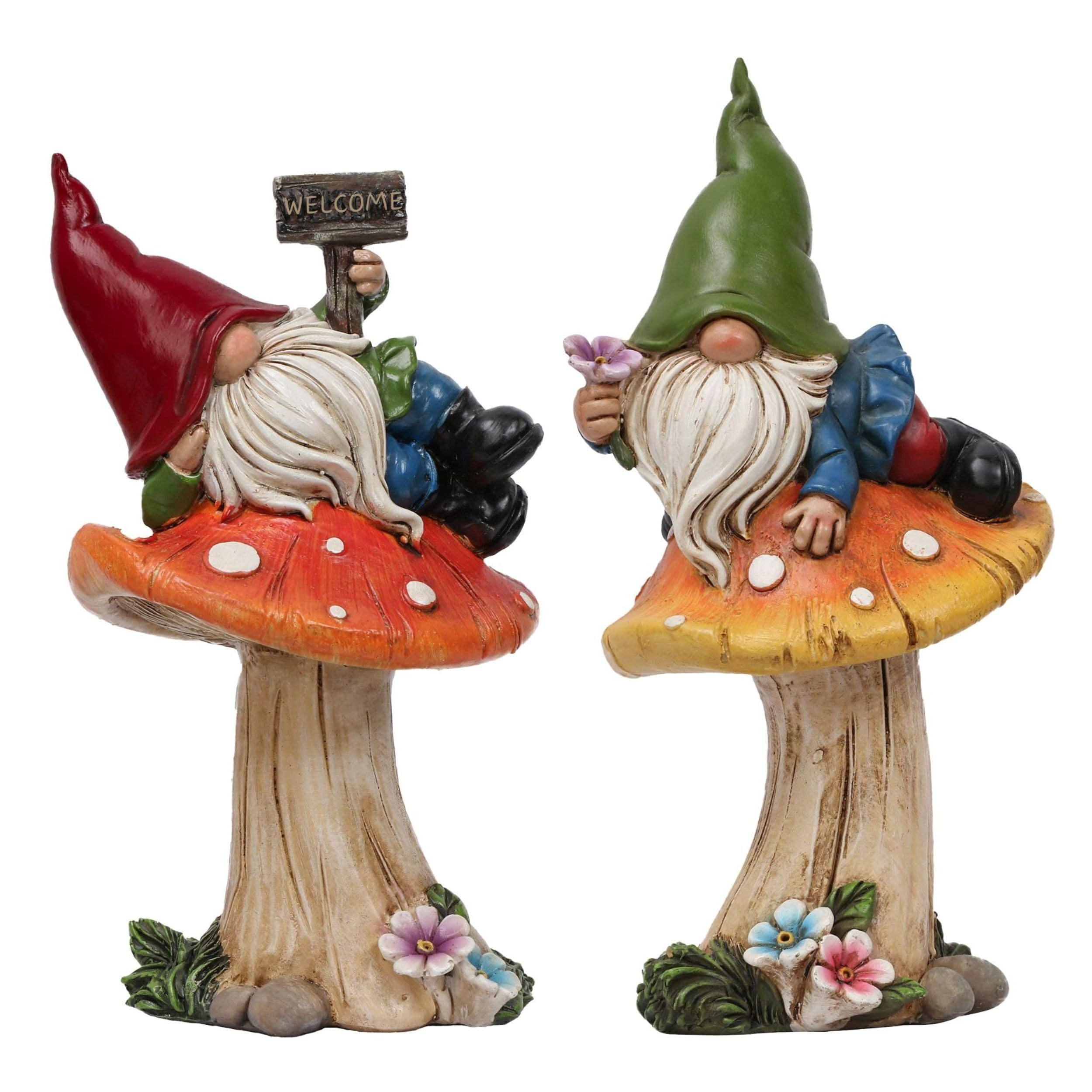 TERESA'S COLLECTIONS Garden Gnome Statues Set of 2 - Cute Outdoor Gnomes on Mushrooms for Yard, Patio, Porch & Lawn Decor - Perfect Gift for Spring, Birthday, Housewarming & Mother's Day - Great for Garden Themed Parties & Fairy Tale Landscaping