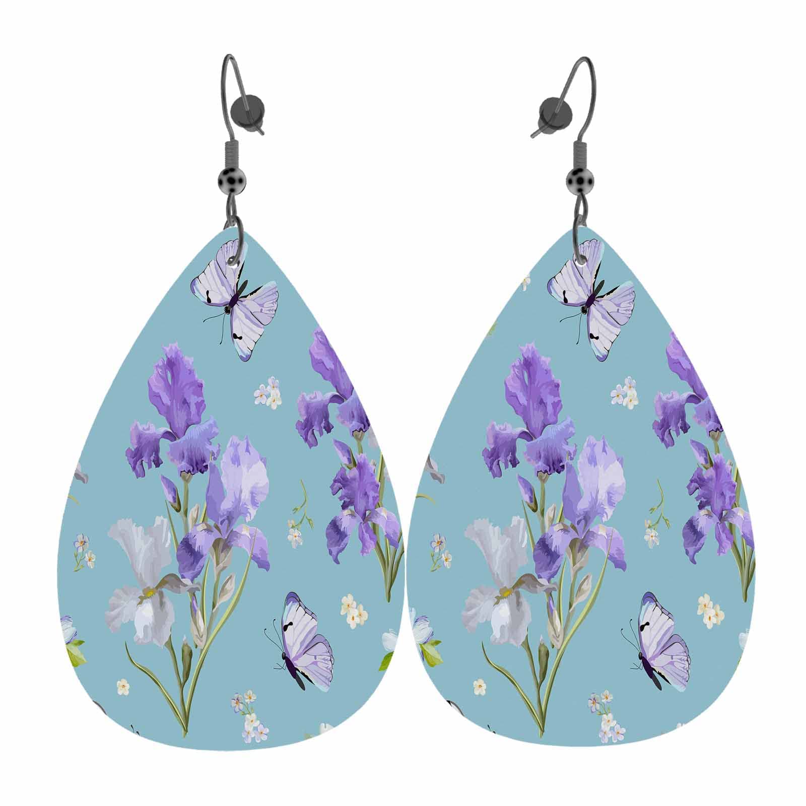 HOSNYE Floral Leather Earrings for Women - Purple Blooming Iris & Butterfly Teardrop Dangle Earrings, Lightweight Double-Sided Leaf Design | Perfect for Spring, Summer, Weddings & Boho Fashion
