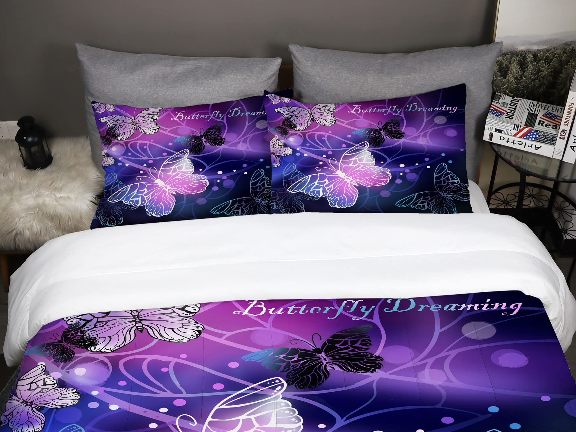 Sunnycitron 3D Purple Butterfly Bedding Set - Queen Size Comforter with 2 Pillowcases | Vibrant Neon Butterfly Design for Girls & Teens | Fade Resistant & Machine Washable | Perfect for Bedroom Decor, Sleepovers & Teen Room Makeover