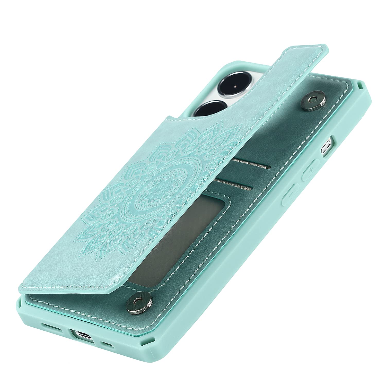 Premium RFID Blocking PU Leather Wallet Case for iPhone 13 Pro - Mandala Mint with Card Slots, Kickstand & Wrist Strap | Shockproof Magnetic Cover for Everyday Protection & Convenience | Perfect for Travel, Work & Hands-Free Viewing