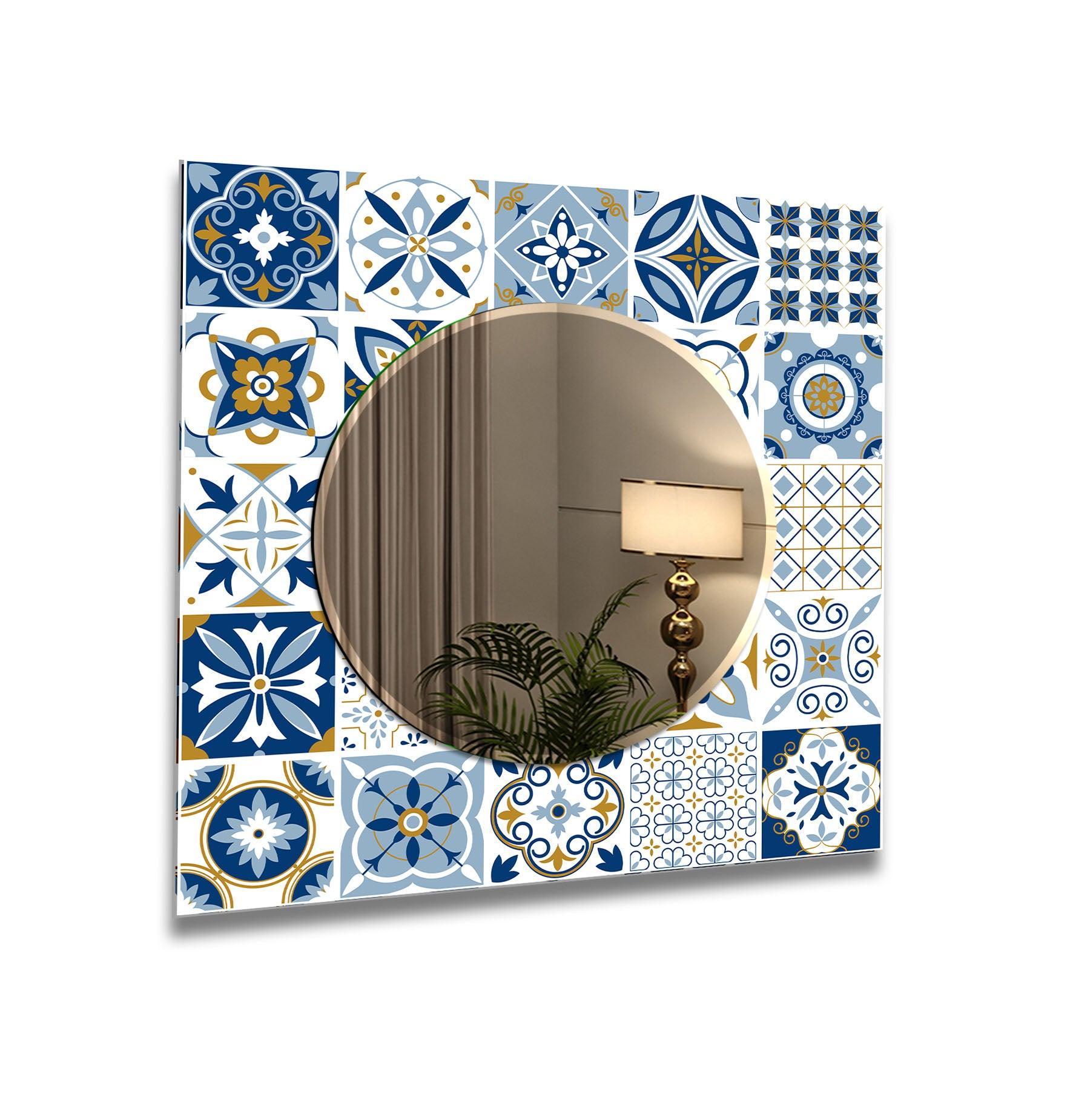 Blue and White Wall Mirrors - Elegant Decorative Round Mirror for Living Room, Bedroom & Entryway - Perfect for Home Decor and Interior Design