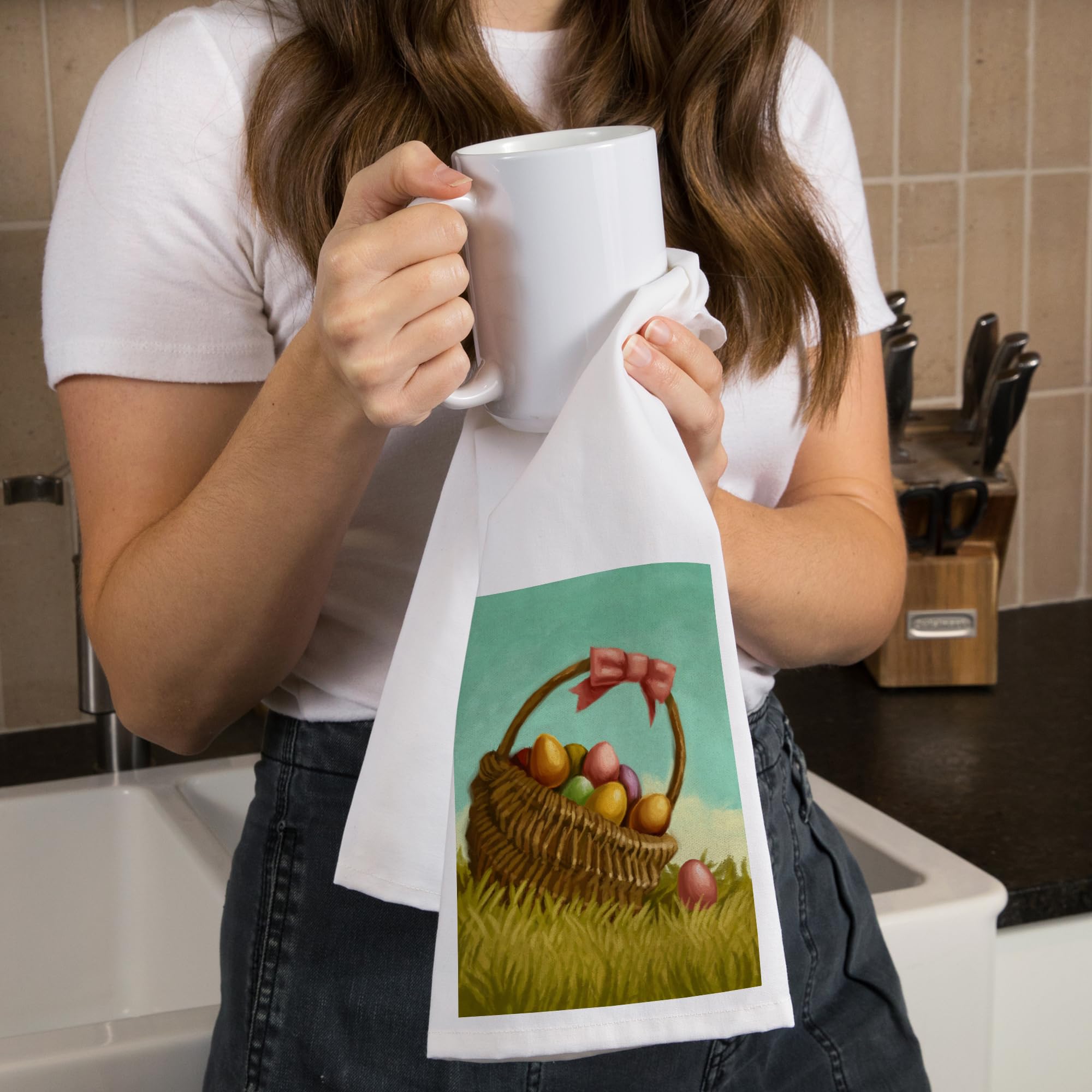 Easter Basket Oil Painting - 100% Cotton Tea Towel & Decorative Hand Towel for Kitchen, Home Decor | Perfect for Easter Gifts, Spring Home Accents & Farmhouse Style Decorating