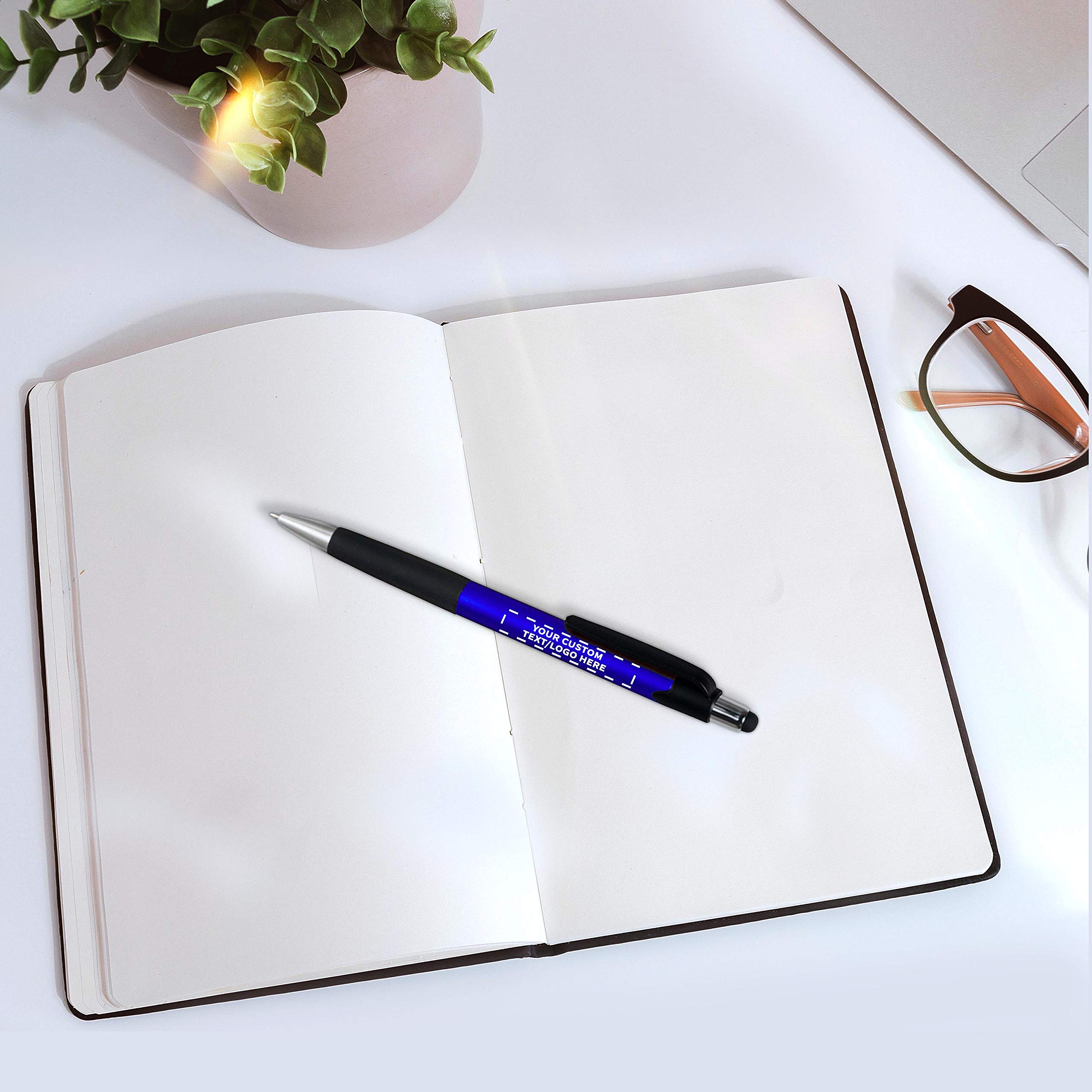 50 Pack Touch Screen Stylus Pens - Customizable Text & Logo - Metallic Blue Plastic Pens for Office, School & Digital Note Taking