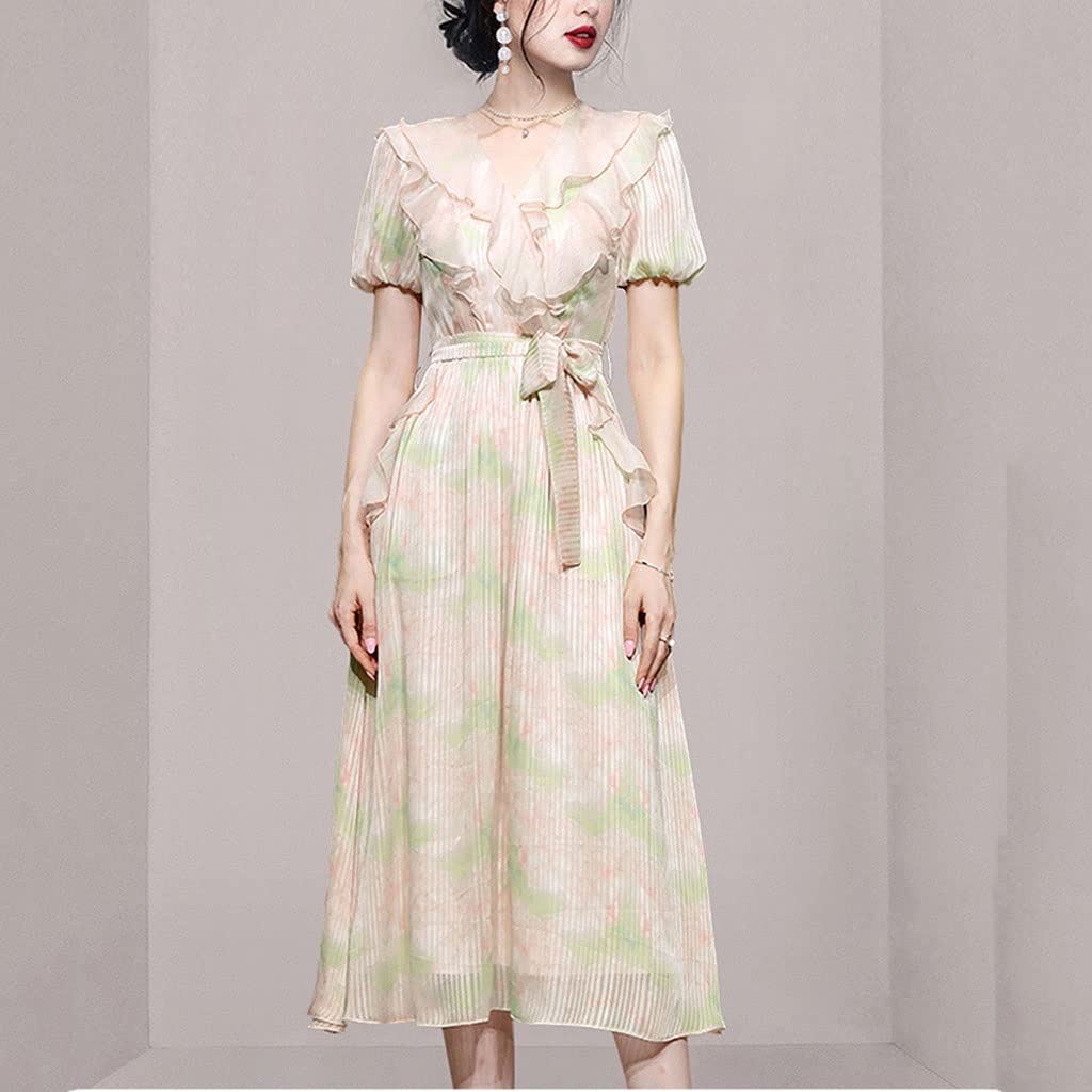 Vintage Floral Print V-Neck Lantern Sleeve Ruffle Lace-Up Party Dress for Women - Elegant Holiday & Wedding Guest Dress (Color A, Size L) | Perfect for Cocktail Parties, Date Nights & Special Occasions