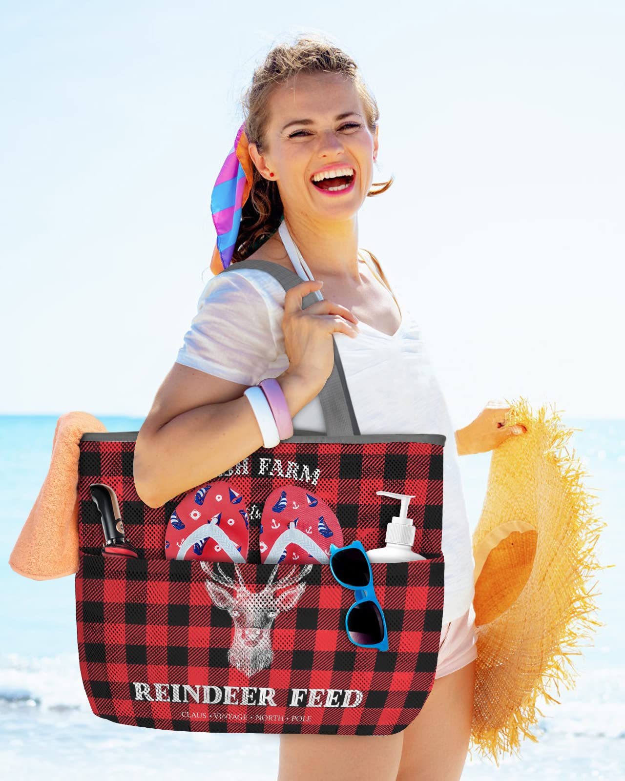 Red Elk Head Farm Christmas Reindeer Feed Beach Tote Bag for Women - Waterproof & Sandproof Black Red Plaid Mesh Beach Bag with Zipper & Pockets, Large Outdoor Picnic Swim Pool Handbag | Perfect for Beach Trips, Pool Parties & Summer Vacations