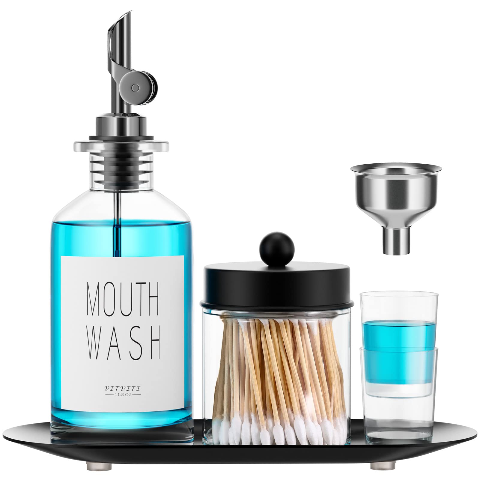 VITVITI 11.8OZ Glass Mouthwash Dispenser for Bathroom - Refillable Clear Mouth Wash Container with Cotton Swab Holder & Tray Cups (Black) - Perfect for Countertop Organization & Dental Hygiene Routine