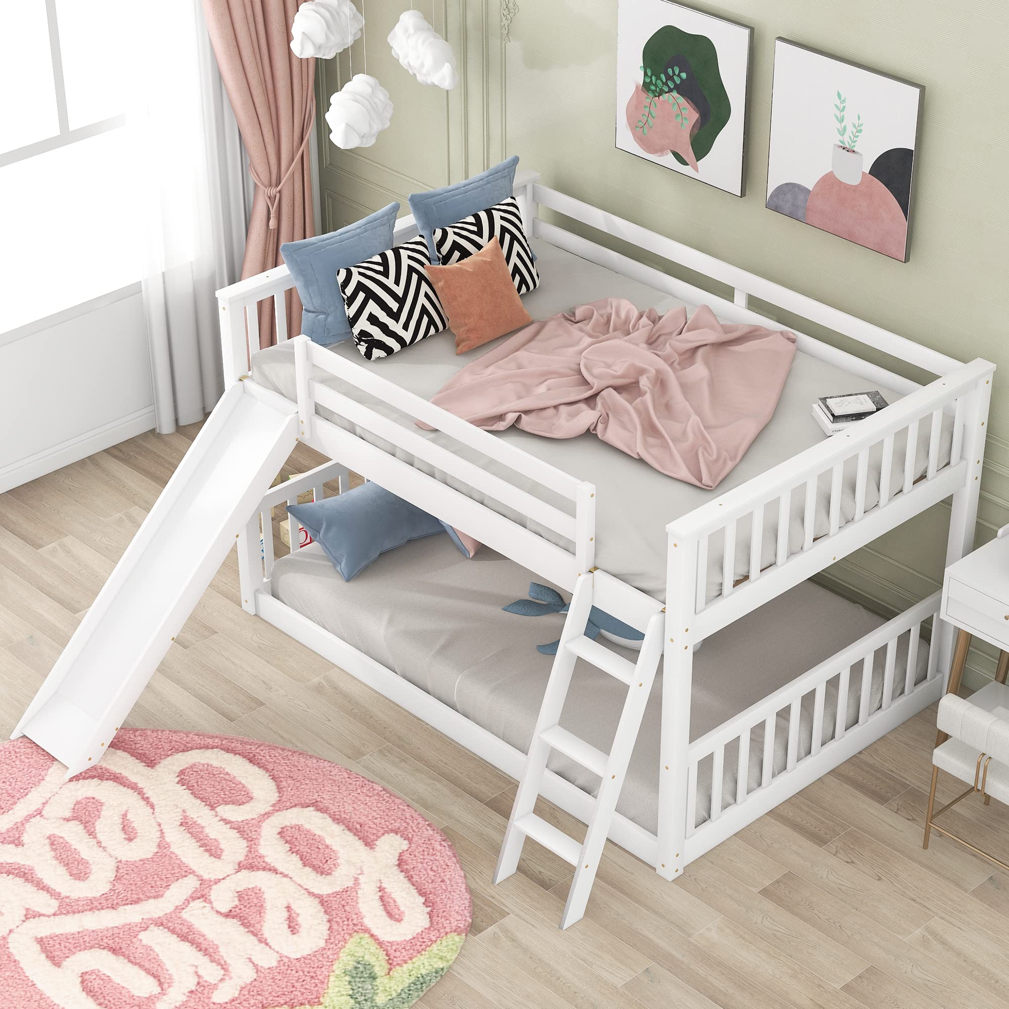 SOFTSEA Full Over Full Bunk Bed with Convertible Slide - Low Profile Kids Bunk Bed in White - Perfect for Small Bedrooms, Shared Kids Rooms & Sleepovers