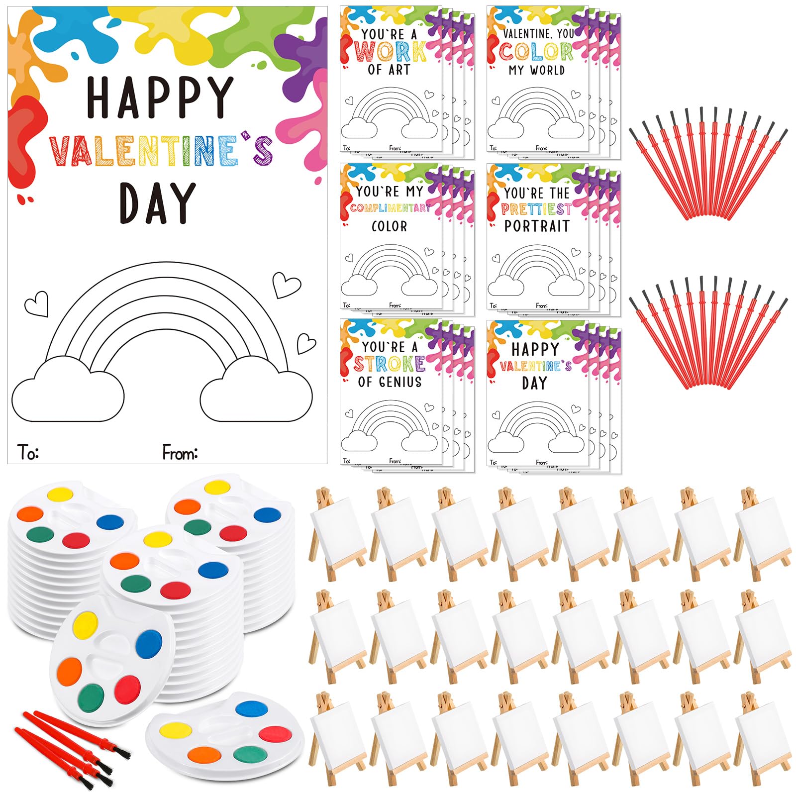 Sabary 24 Sets Kids Valentine's Day Art Gift - Watercolor Painting Kit with Wooden Easel, Canvas Panels & Brushes | Perfect for Classroom Gifts, Art Parties & DIY Valentine Crafts