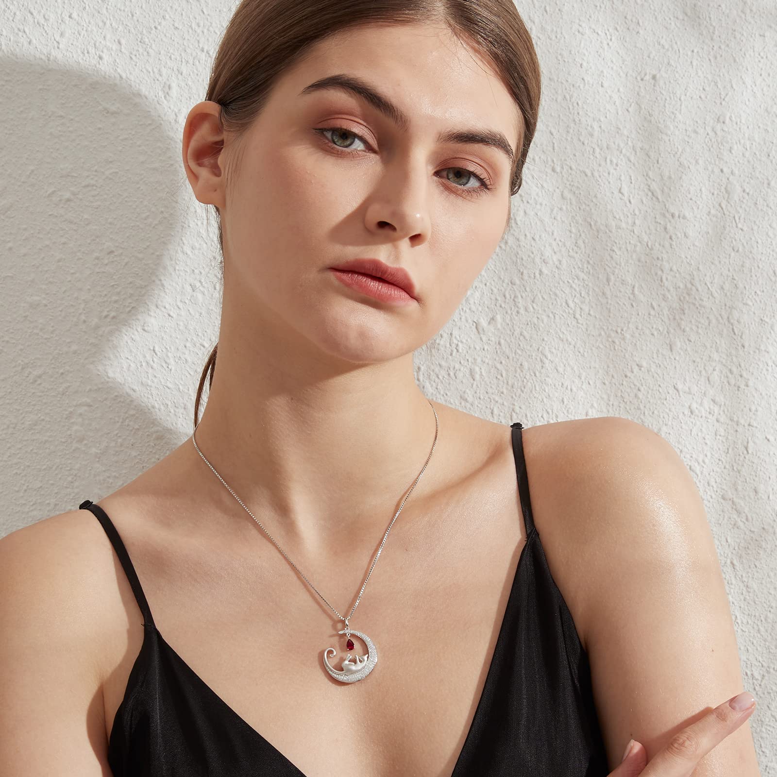 18K White Gold Plated Cat Necklace - 925 Sterling Silver Diamond Cat Pendant with Moon Charm - Elegant Jewelry Gift for Women (Birthday/Christmas) - Perfect for Date Nights, Parties & Special Occasions - Includes Gift Box