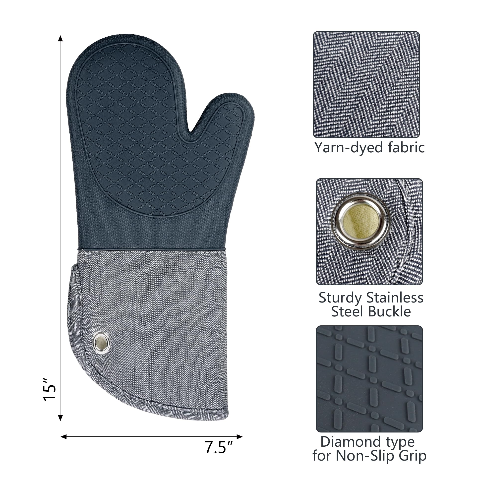 **Heat Resistant Microwave Silicone Oven Mitts (500°F) – Pair of Non-Slip Kitchen Gloves for Baking, BBQ, Cooking & Pot Handling – Gray**    *(Perfect for Grilling, Baking, Roasting & Handling Hot Dishes Safely!)*