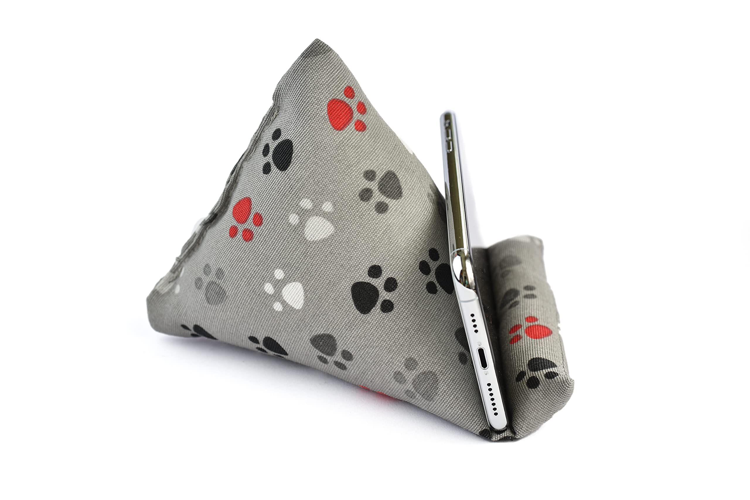Handmade Fabric Phone Pillow Stand for iPhone & Smartphones - The Wedge Mobile Device Holder (7x6.1x5.5 Inches, Paws Design) - Perfect for Bed, Sofa, Desk & Travel Use
