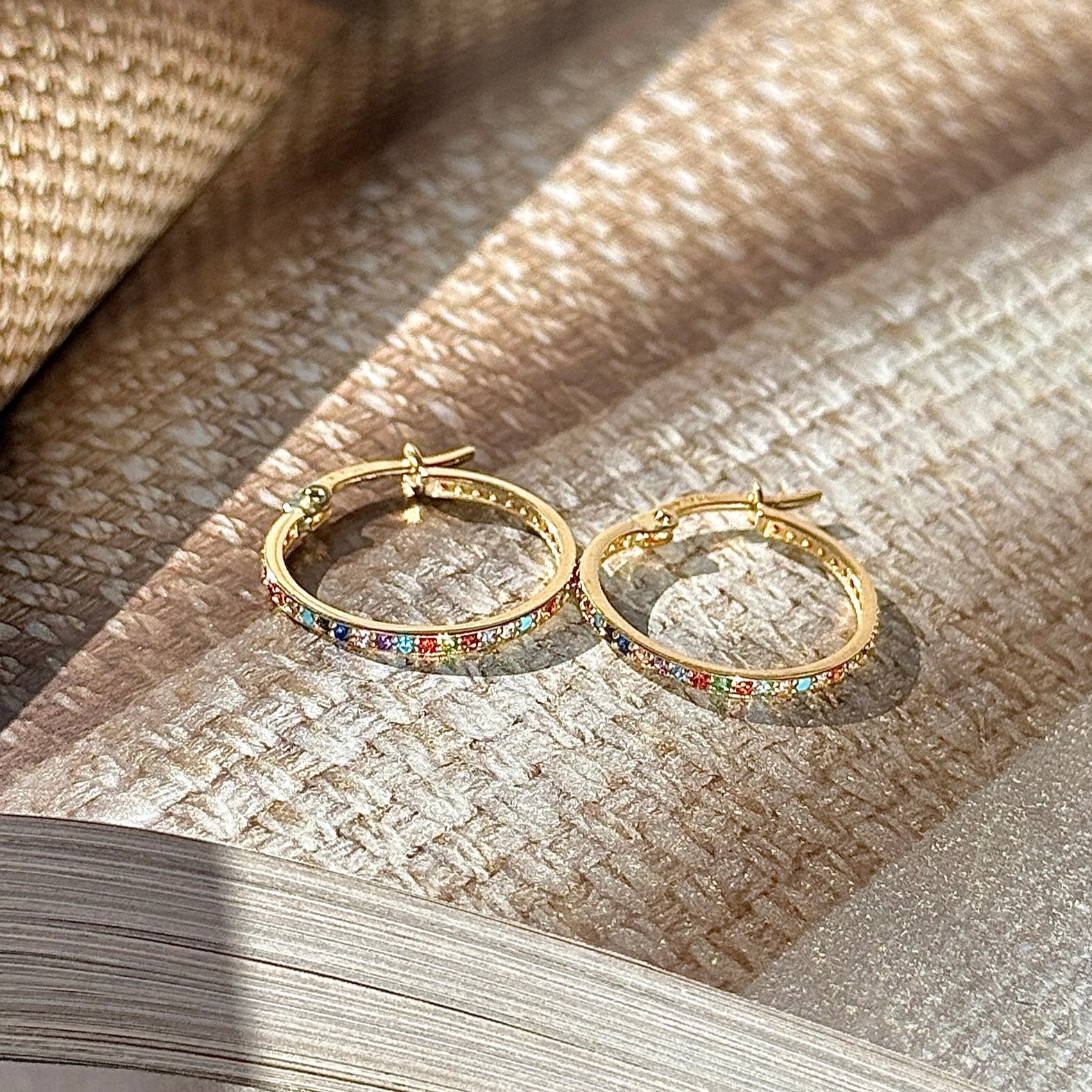 14K Yellow Gold Rainbow Pavé Studded Hoop Earrings - Dainty & Elegant Jewelry for Women - Perfect for Parties, Weddings & Everyday Wear