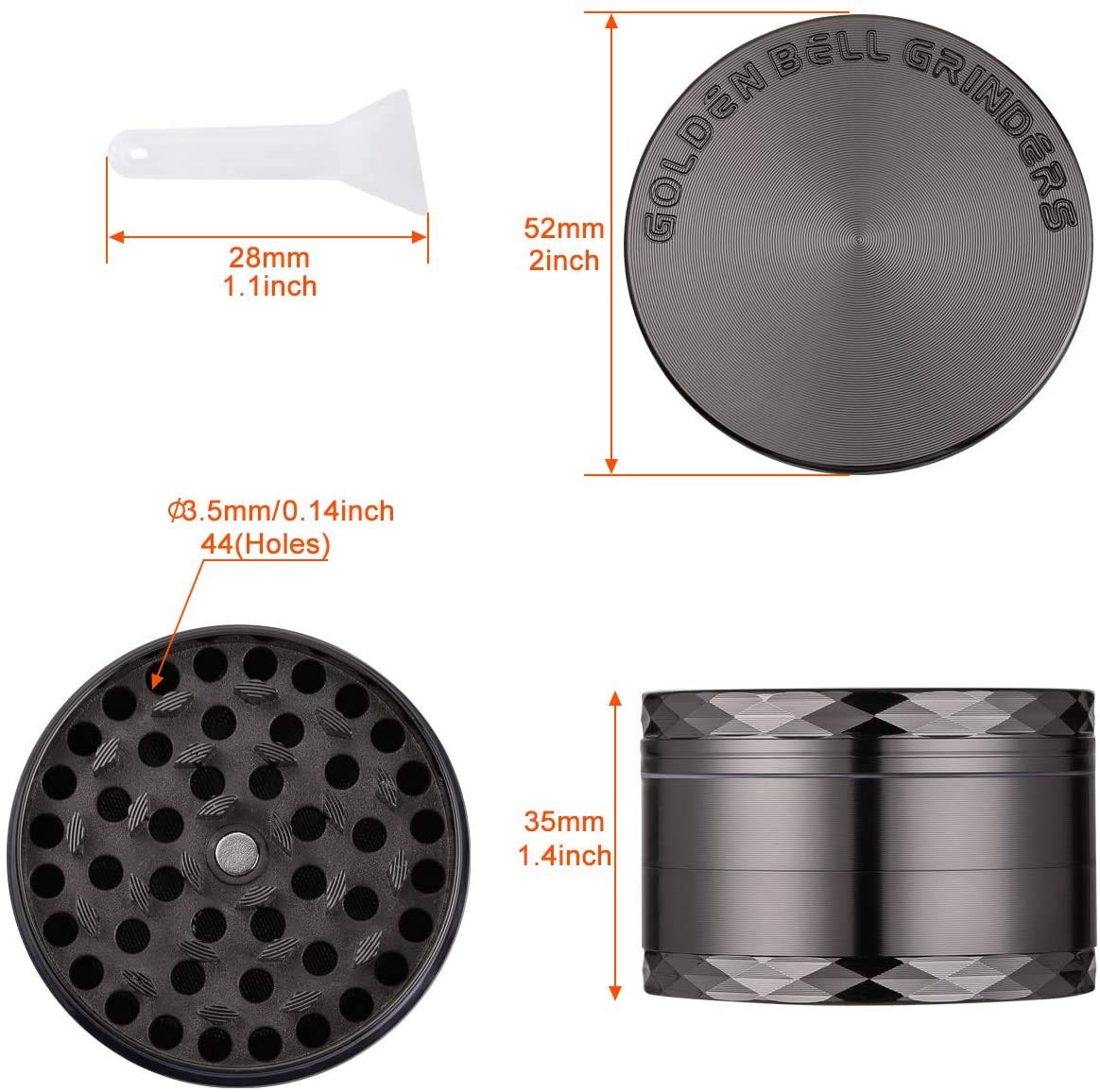 Premium LIHAO 50mm 4-Layer Metal Spice Grinder - Durable Zinc Allay Mill for Herbs, Pepper & Salt (Black Nickel) - Perfect for Kitchen, Camping & Travel Use