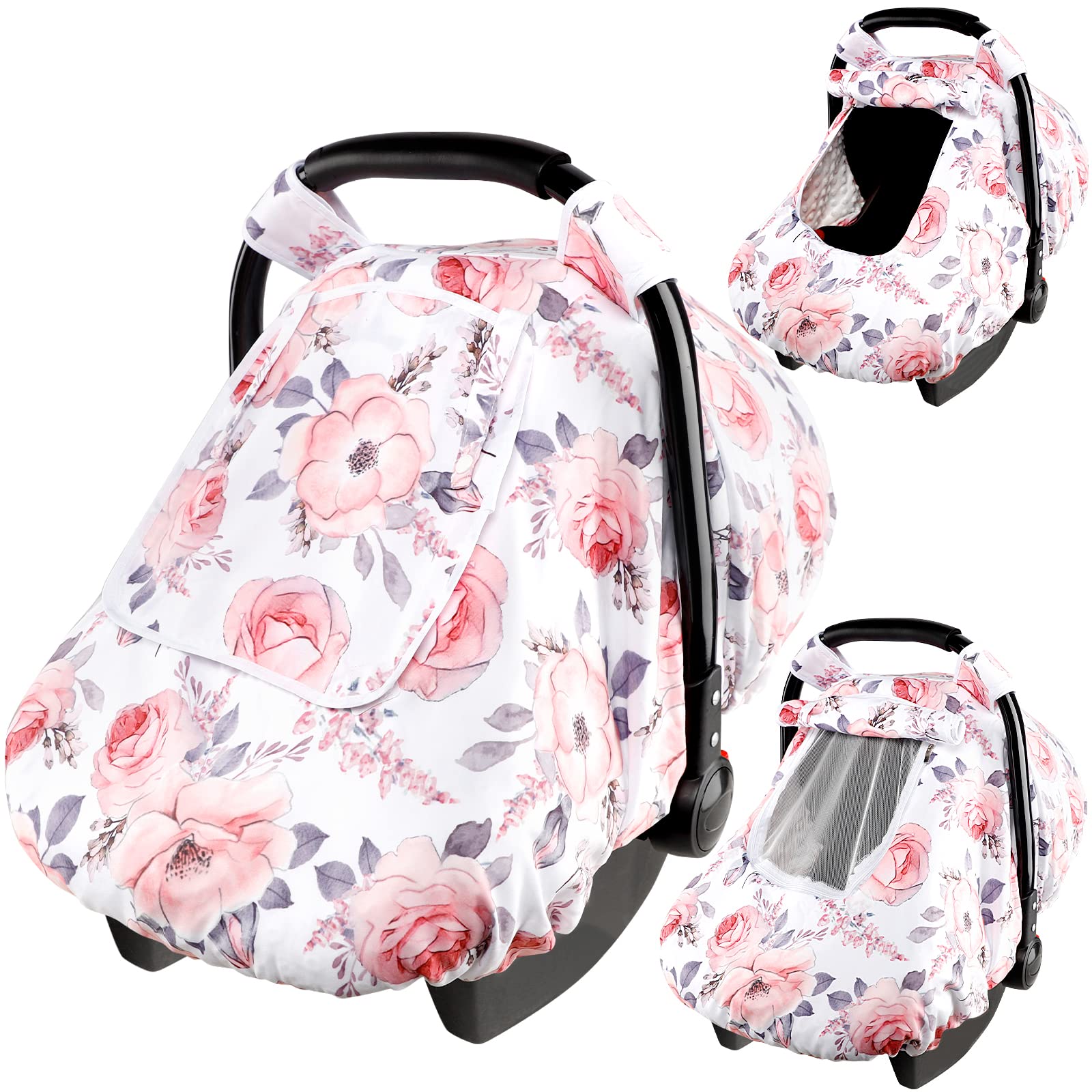 Baby Car Seat Covers - Winter Warm Mink Infant Car Seat Canopy with Pink Floral Design - Cozy & Soft Protection for Girls - Perfect for Strollers, Shopping Trips & Outdoor Adventures