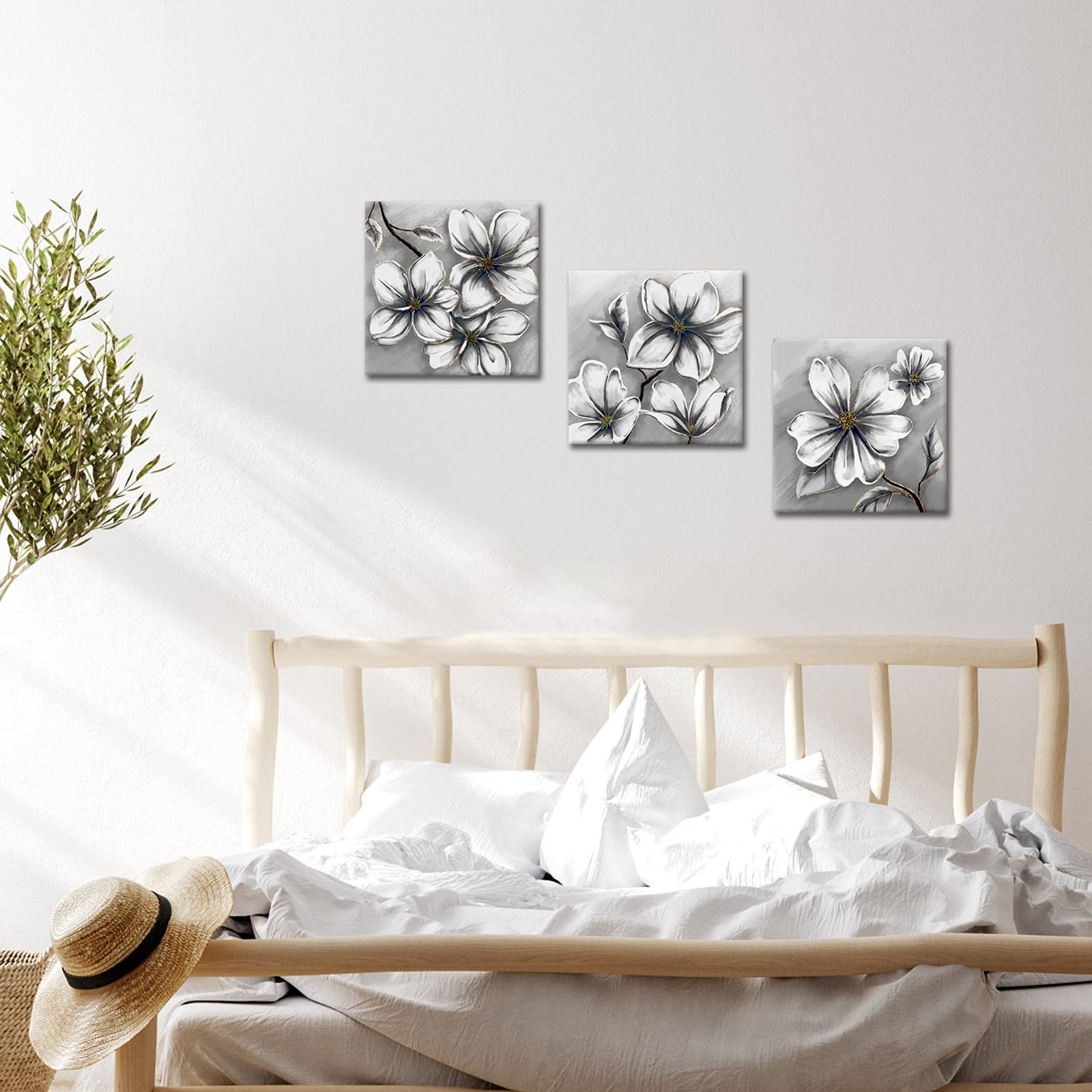 Fushvre 3-Panel Grey Magnolia Flower Canvas Wall Art - Modern Floral Painting for Living Room, Bedroom & Office Decor - Stretched & Ready to Hang - Perfect for Home, Wedding Gift & Interior Design