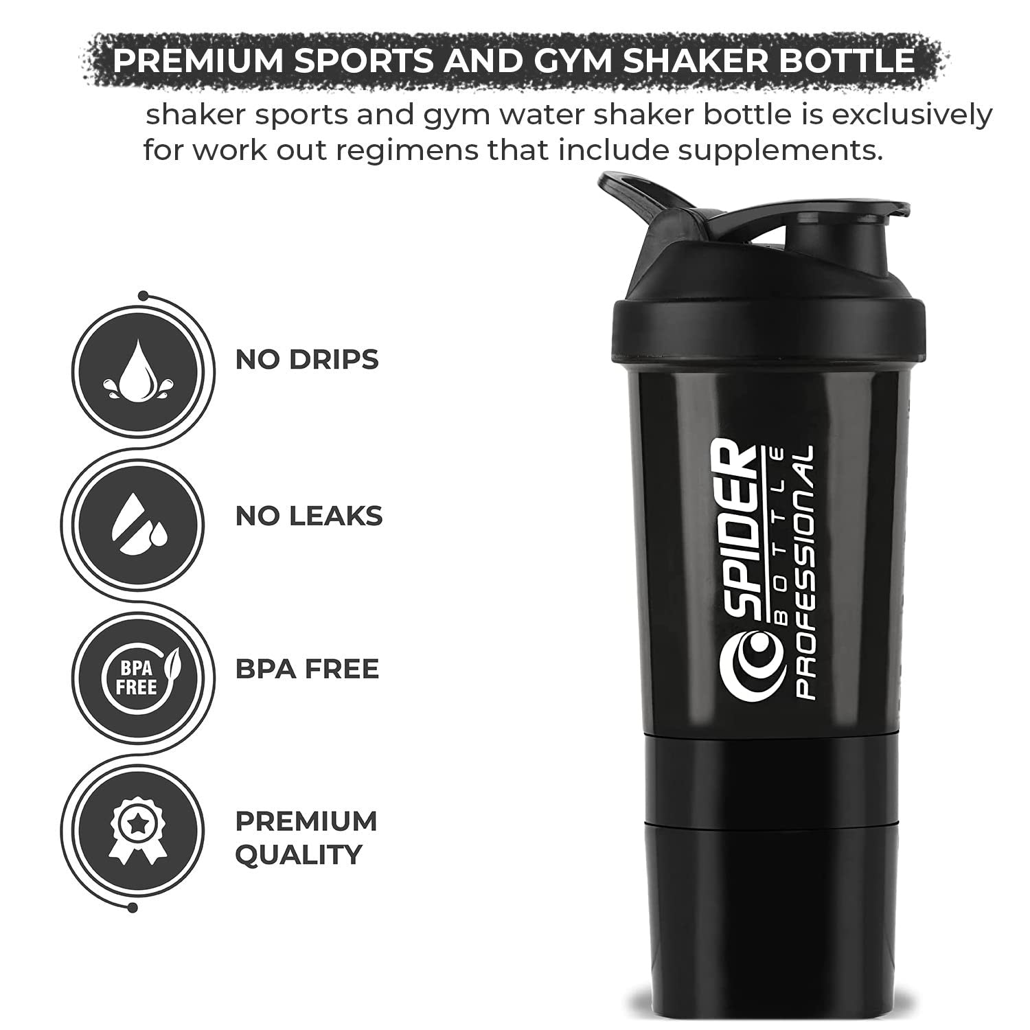 Premium 500ml Stainless Steel Protein Shaker Bottle with Blender Ball - Gym & Sports Water Bottle for Workout, Bodybuilding & Fitness - BPA Free, Leak Proof (Black, Set of 1) - Ideal for Post-Workout Protein Shakes & Hydration On-The-Go