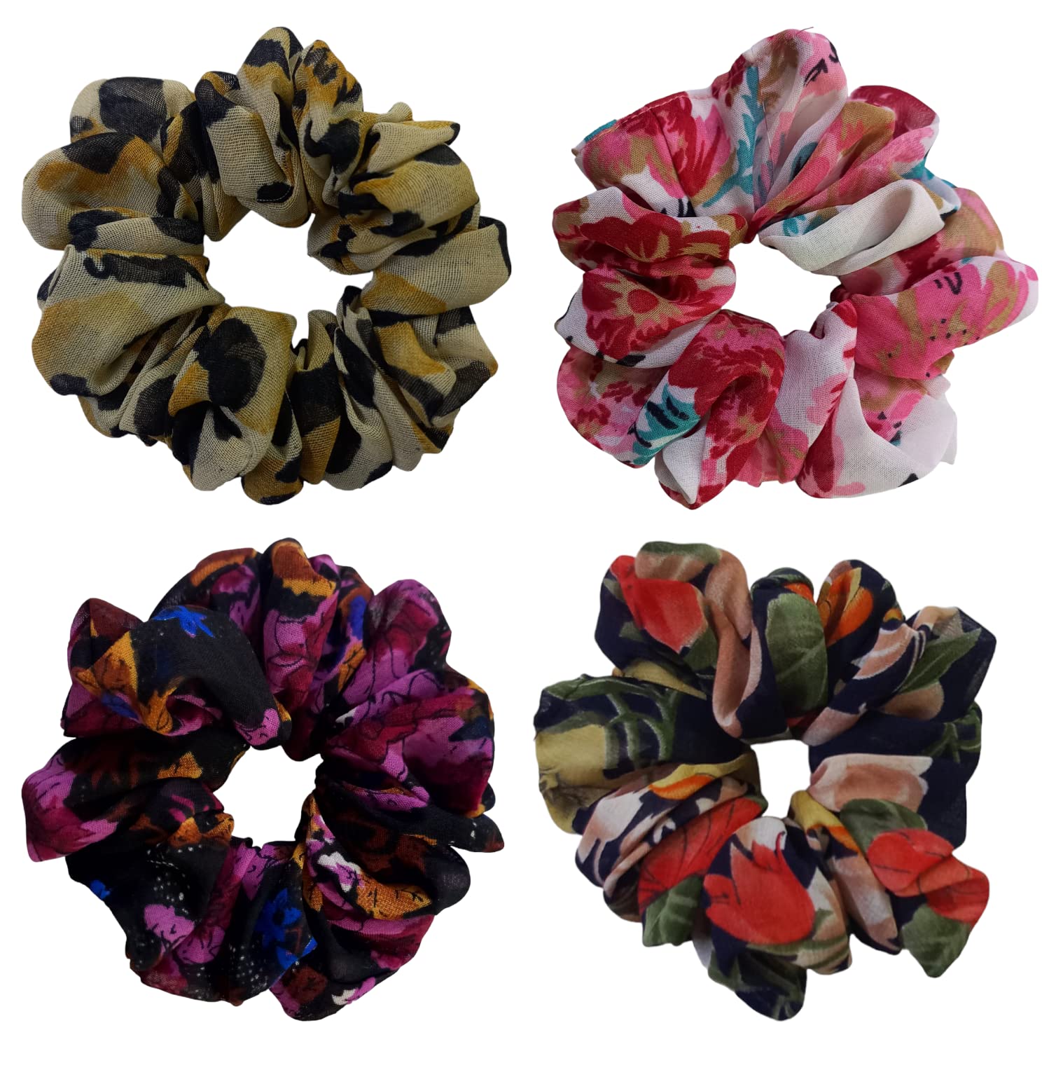 4 Pcs Chiffon Hair Bands - Soft Ponytail Holders & Floral Hair Scrunchies for Women & Girls, Perfect for School, Work, Parties & Everyday Use