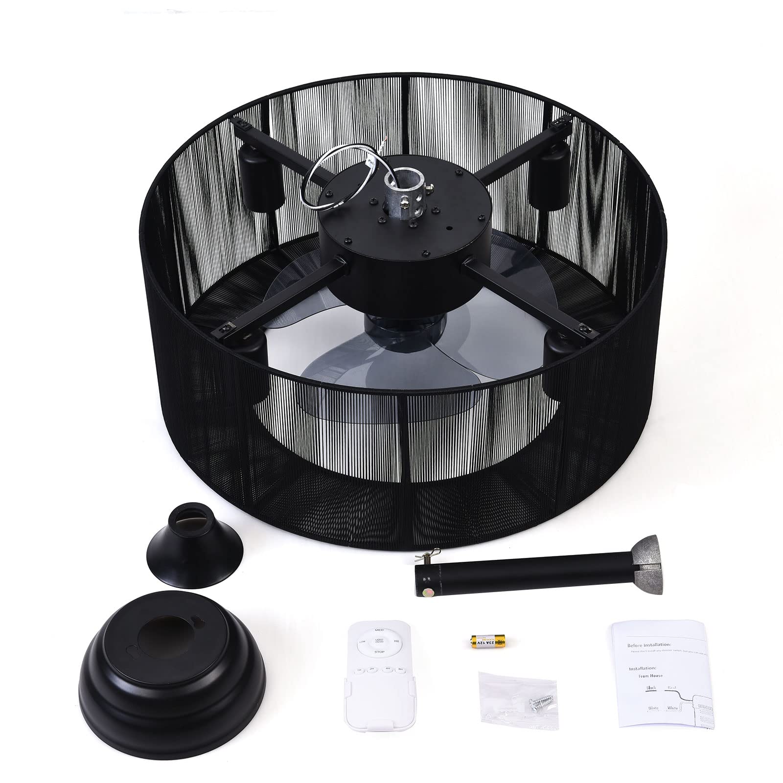 18'' Black Caged Ceiling Fan with Lights & Remote Control - 3 Speed Adjustable, 4-Light Farmhouse Style, Semi-Flush Mount for Low Ceilings - Perfect for Indoor Living Room, Bedroom, Kitchen & Patio Use