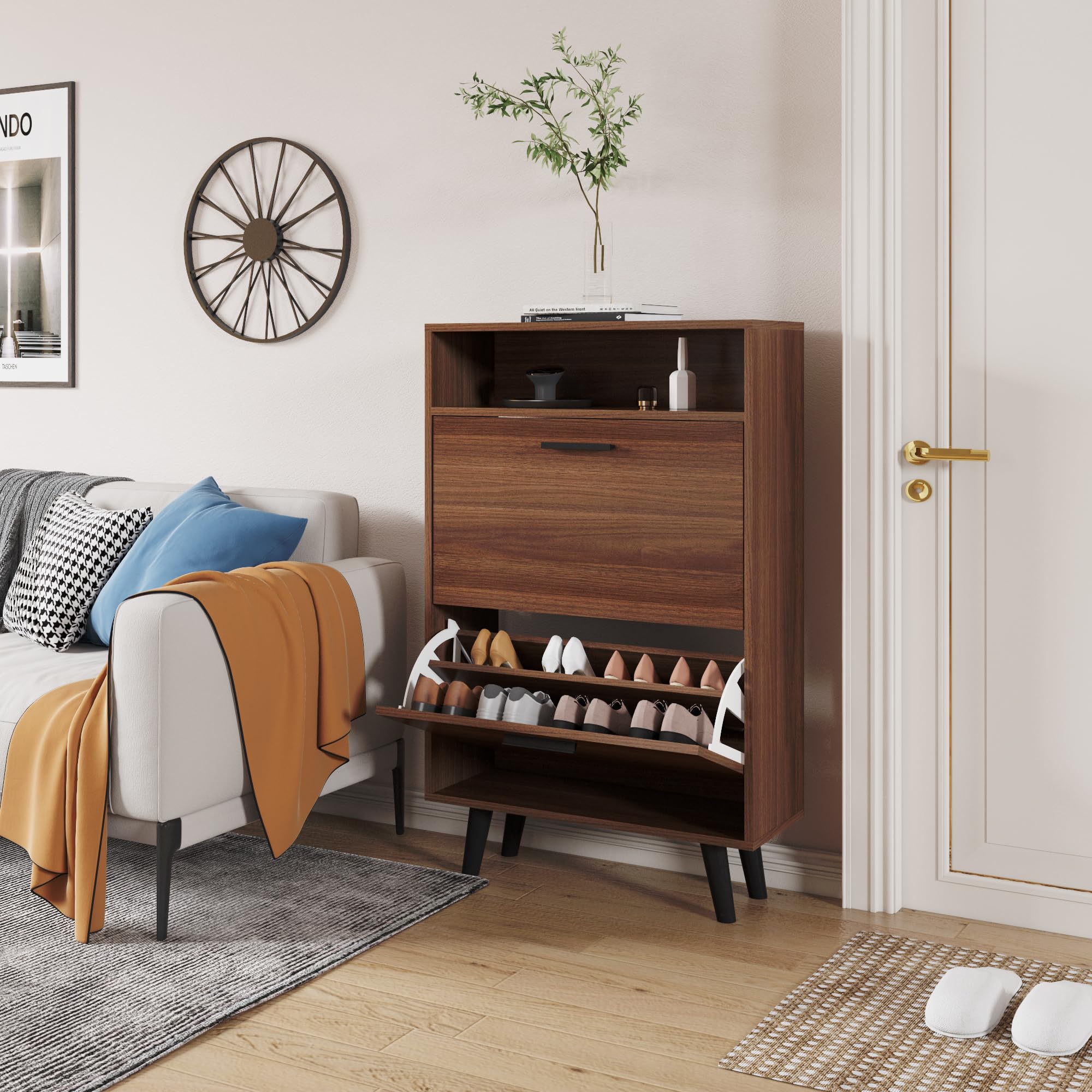 WAHEY Shoe Cabinet with 2 Flip Drawers - Freestanding Shoe Rack with Legs for Entryway, Closet & Bedroom Organization - FSSR013