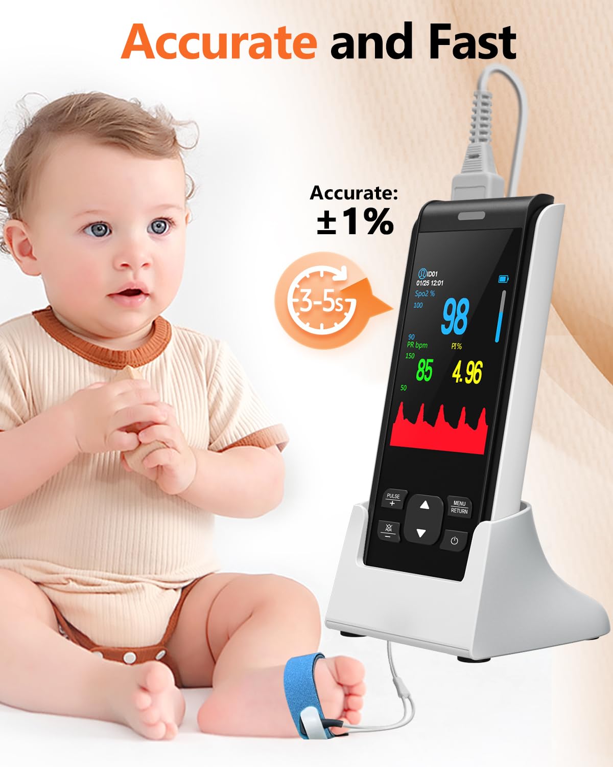 HealthTree Rechargeable Fingertip Pulse Oximeter for Adults & Babies - Continuous Oxygen Monitor with Overnight Tracking & Alarm - Perfect for Home Use, Sleep Monitoring, and Fitness Tracking