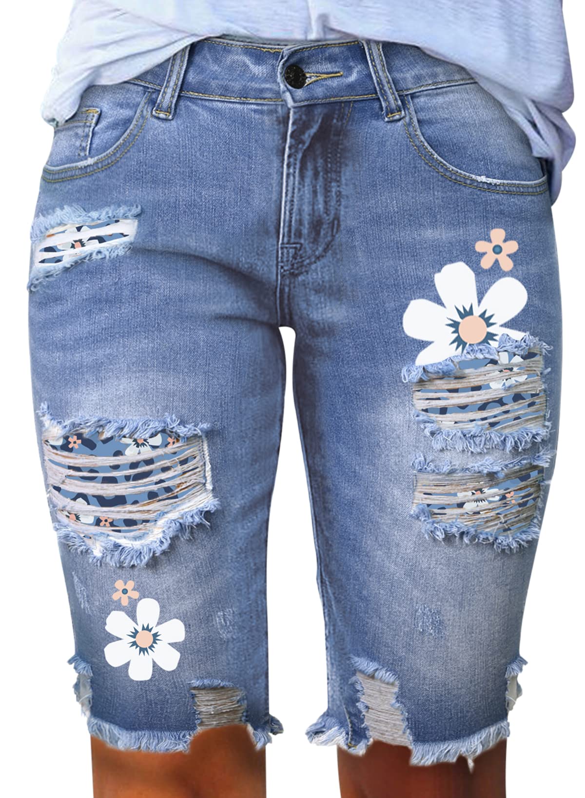 Sidefeel Women's Distressed Denim Bermuda Shorts with Raw Hem - Casual Summer Shorts for Beach, Travel & Everyday Wear