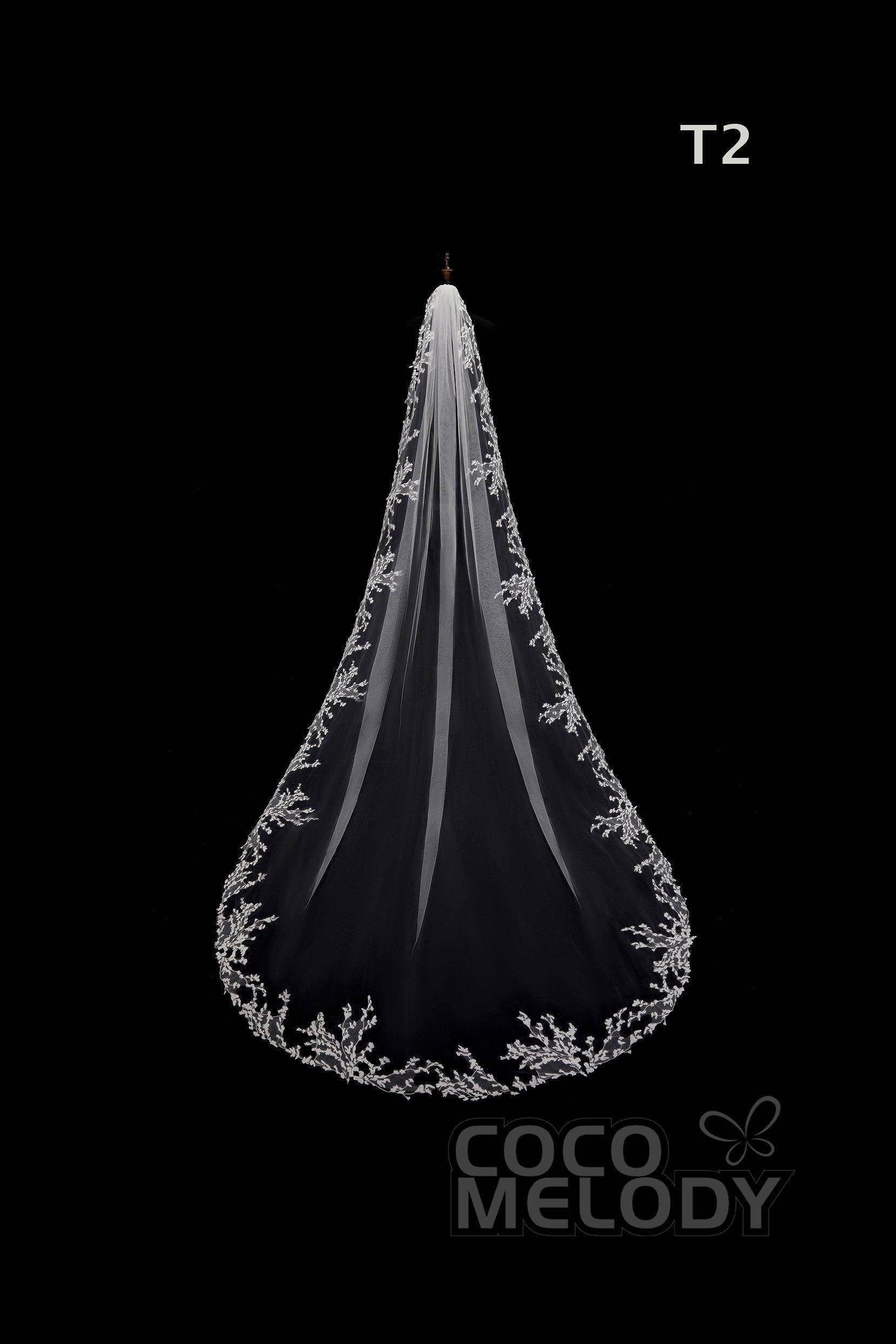 Elegant One-Tier Lace Edge Tulle Bridal Hip Veil with Floral Appliques - Perfect for Weddings, Bridal Showers & Romantic Photo Shoots