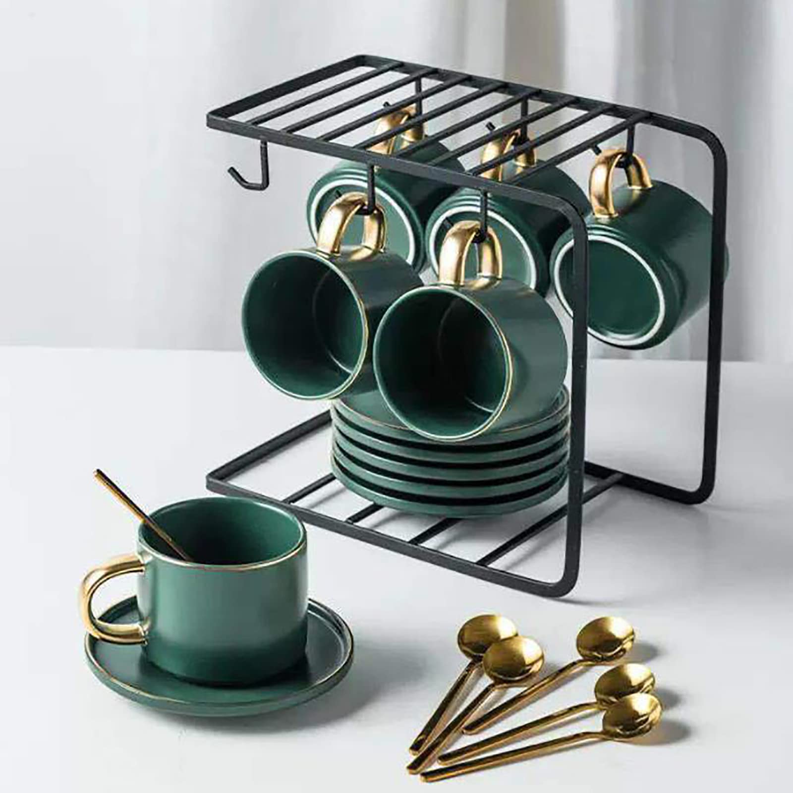 Premium Ceramic Coffee Cup and Saucer Set - 6-Piece European Matte White Tea Set with Spoons & Holder | Elegant Afternoon Tea, Coffee Break, or Gift for Tea Lovers | Dishwasher Safe & Durable