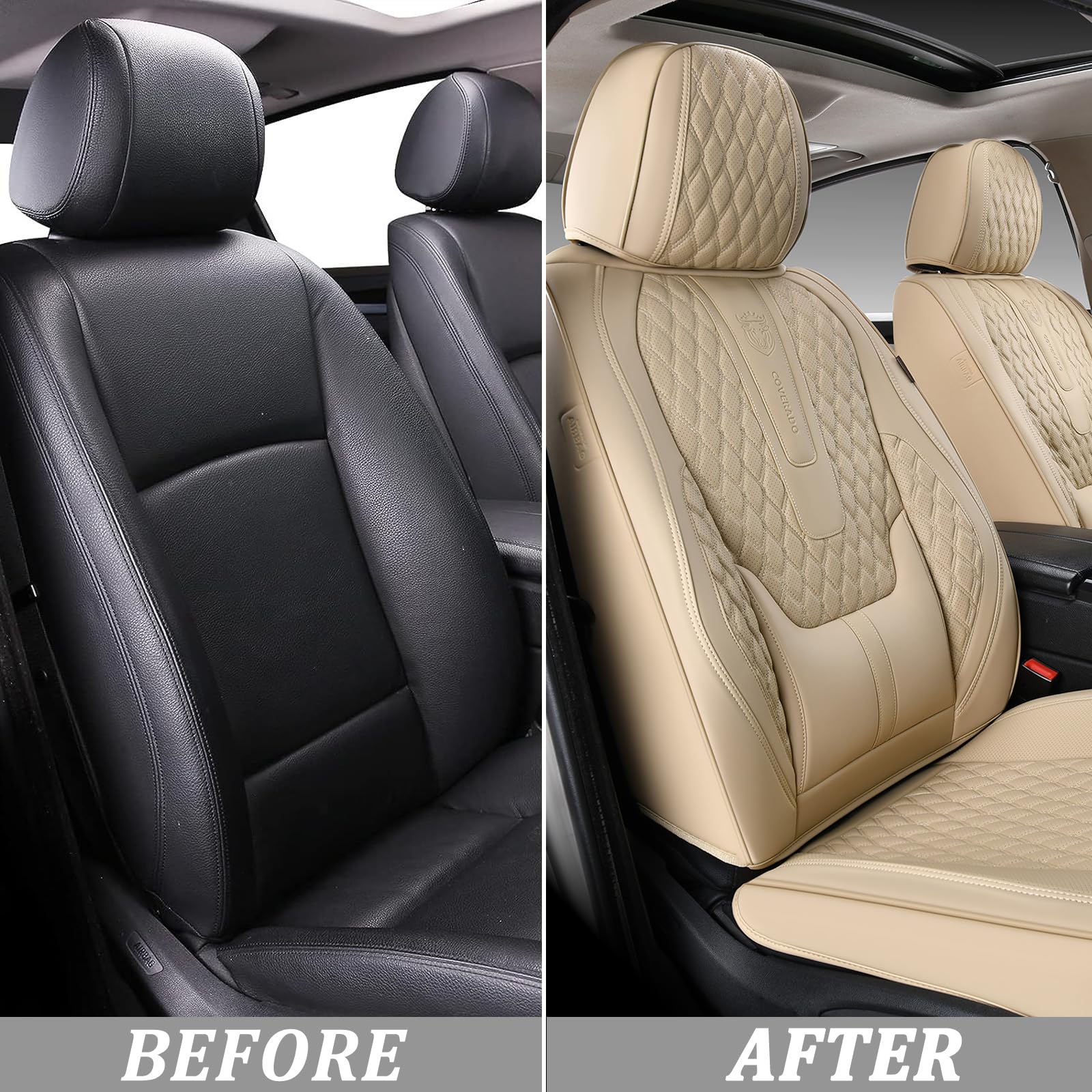 Premium Nappa Leather Front Seat Covers for Cars - Waterproof Universal Fit with Lumbar Support | Compatible with Most SUVs, Trucks & Sedans | Beige Color | Perfect for Daily Commute, Road Trips & Vehicle Protection