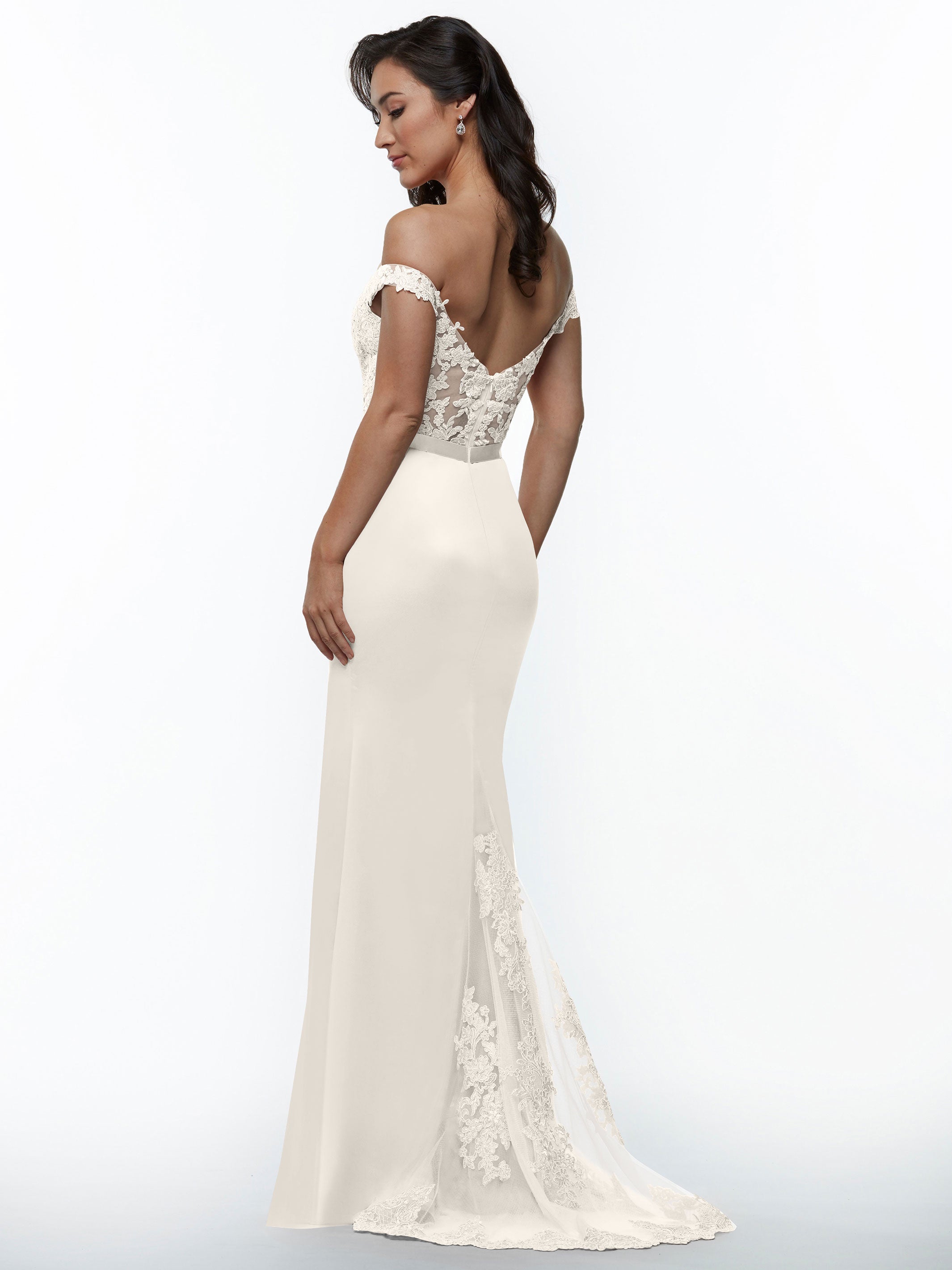 Elegant 80104 Satin Off-The-Shoulder Bridesmaid Dress with Lace Bodice & Waist Sash - Perfect for Weddings, Proms & Formal Events