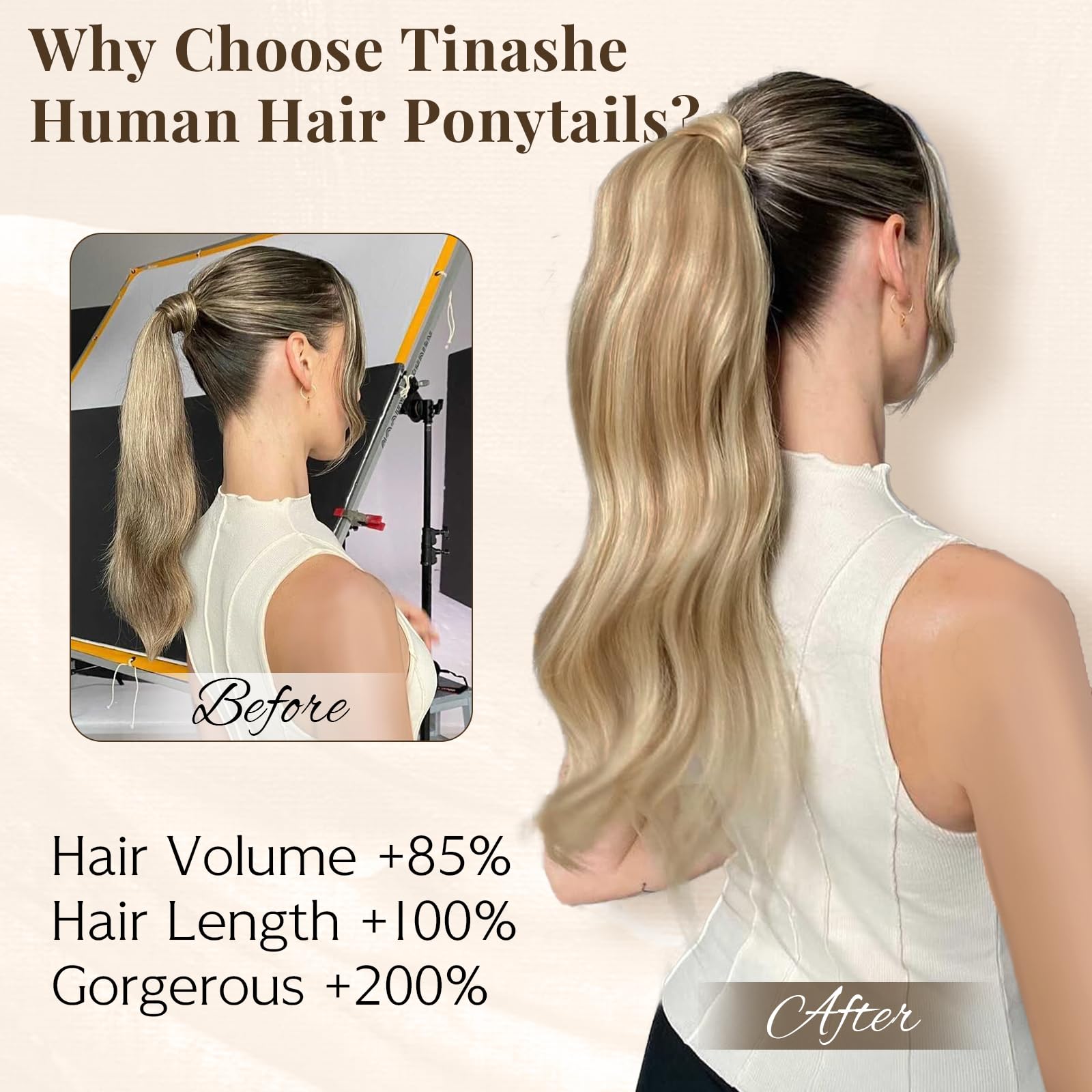 Tinashe 100% Remy Human Hair Ponytail Extension - 22inch Long Straight Clip-in Wrap Around Ponytail with Magic Paste for Women (Highlight #16/613) - Perfect for Parties, Weddings & Everyday Styling