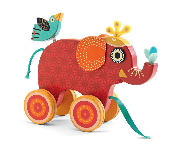 Indy Pull Along Elephant Wooden Toddler Toy by Djeco - Fun & Educational Walking Companion for Kids - Perfect for Indoor Play, Outdoor Adventures & Early Childhood Development