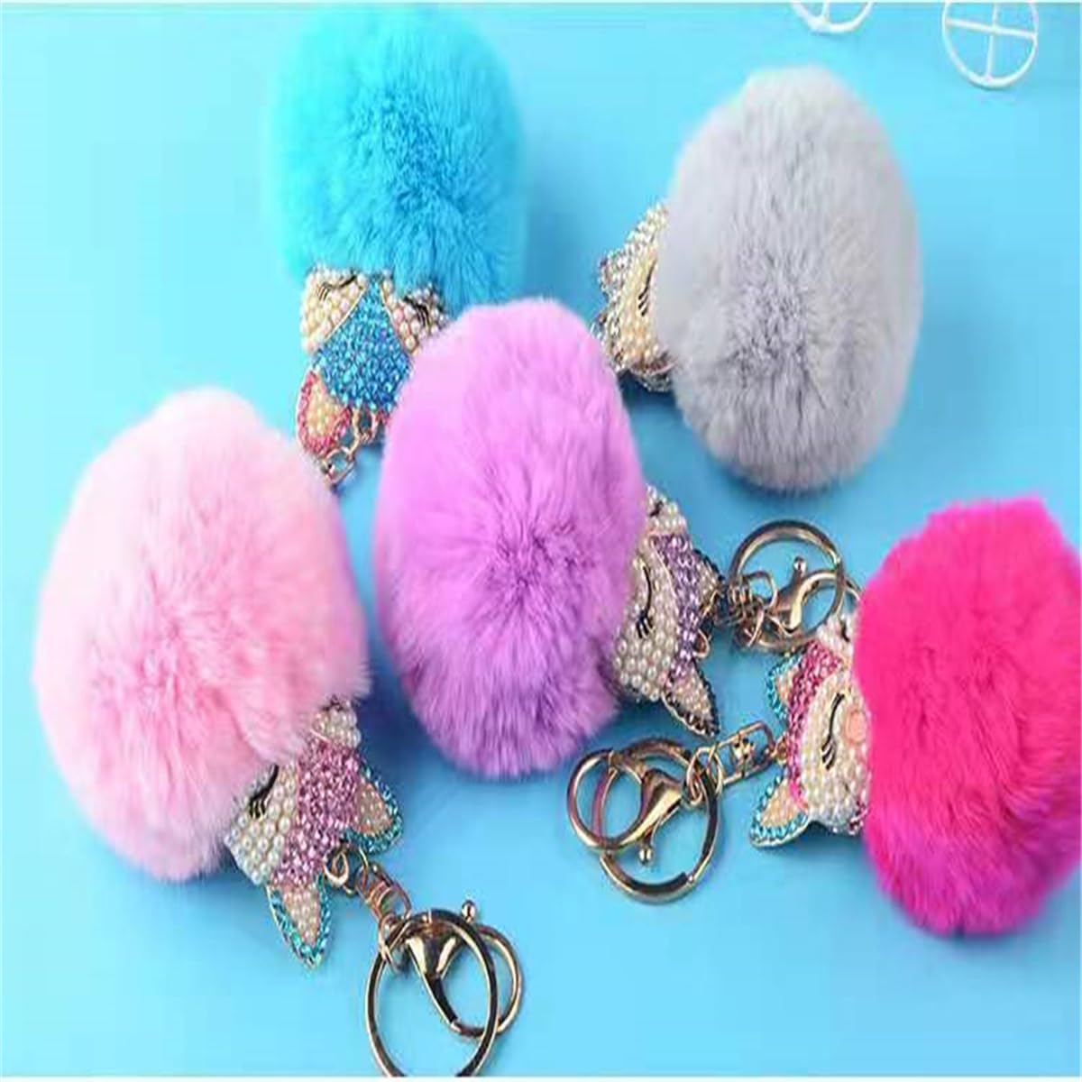Fox & Rabbit Fur Pom Pom Keychain for Women - Crystal Rhinestone Diamond Car Keychain - Stylish Gift for Purse, Bag, Keys & Everyday Use