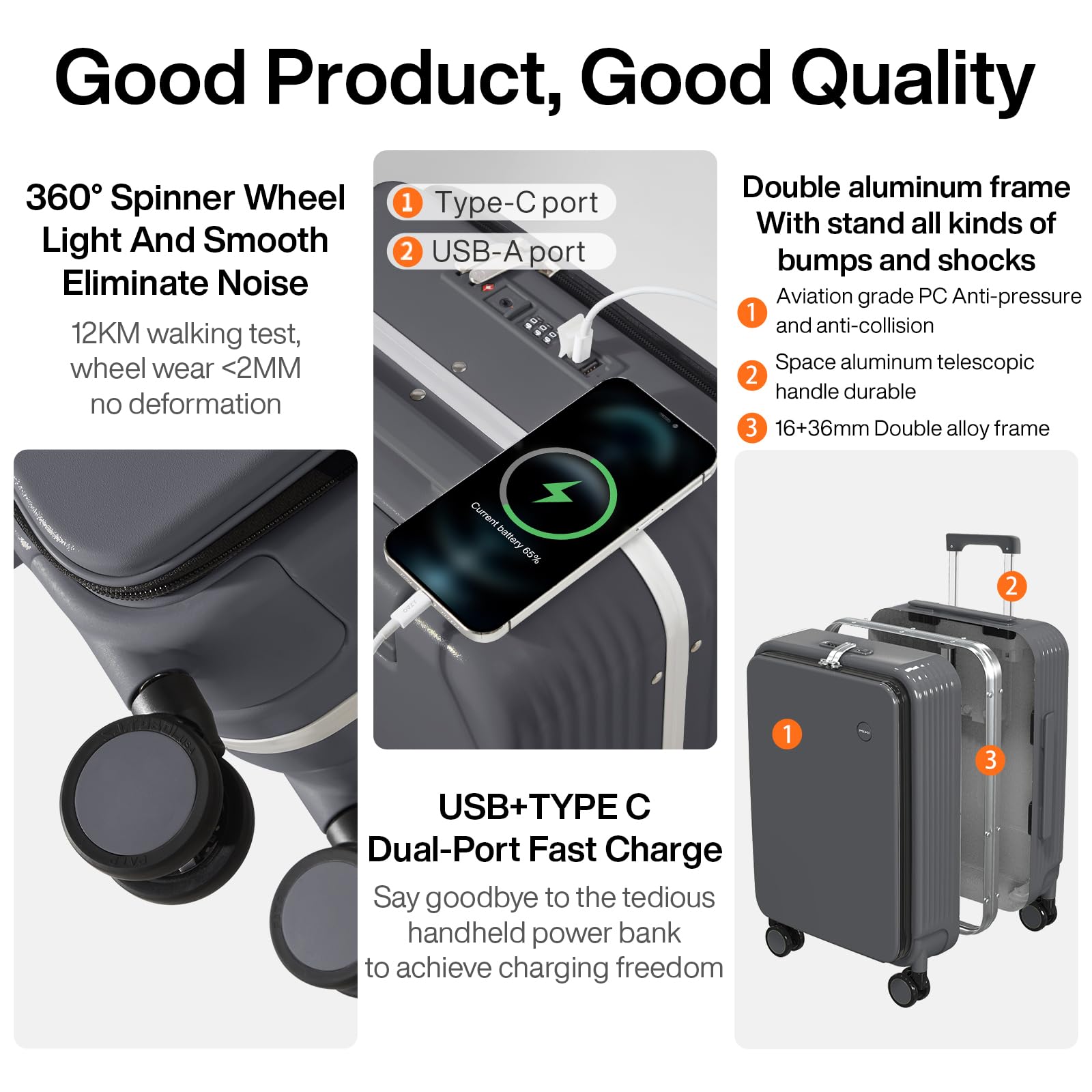 Mixi 20 Inch Rock Gray Hard Shell Carry On Luggage with USB Charger, Cup & Phone Holder, 360° Spinner Wheels - Perfect for Air Travel, Business Trips & Weekend Getaways