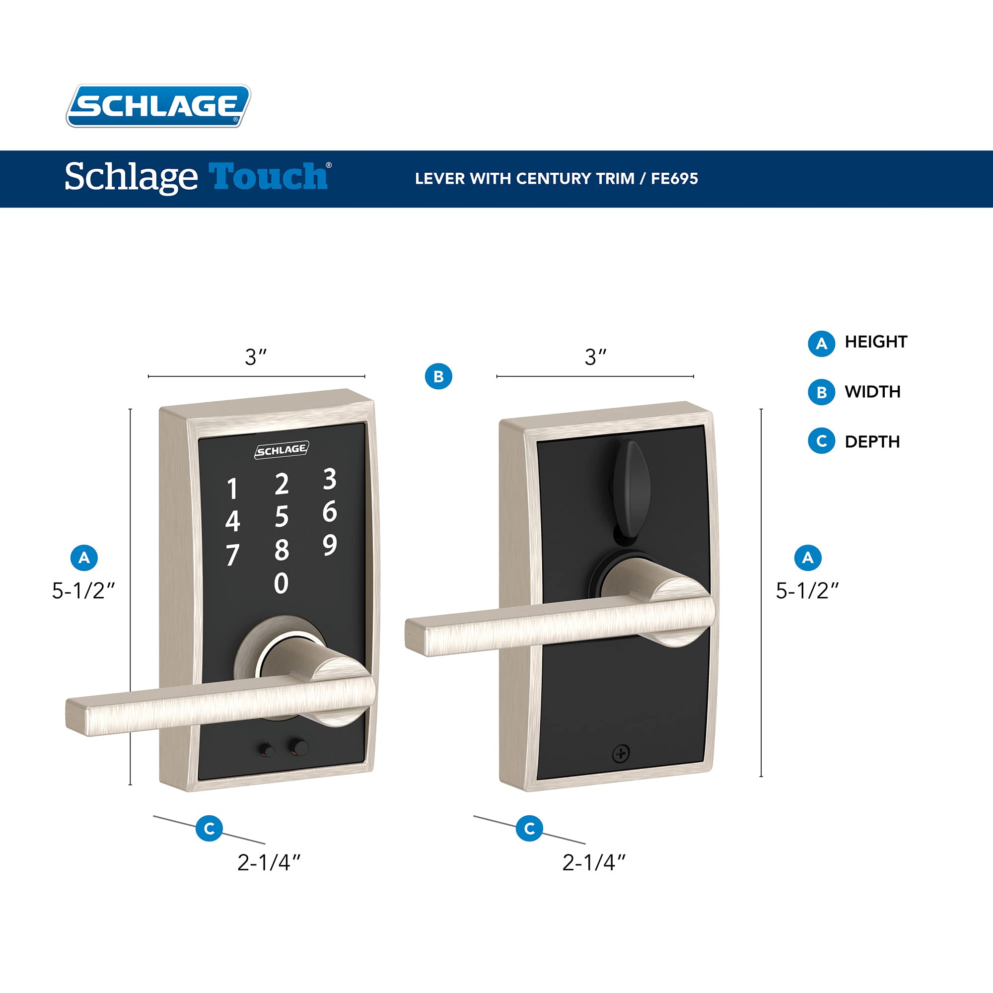 Schlage FE695 CEN 622 LAT Touch Century Keyless Entry Deadbolt - Electronic Smart Lock with Latitude Lever in Matte Black | Secure Front Door & Home Access Control