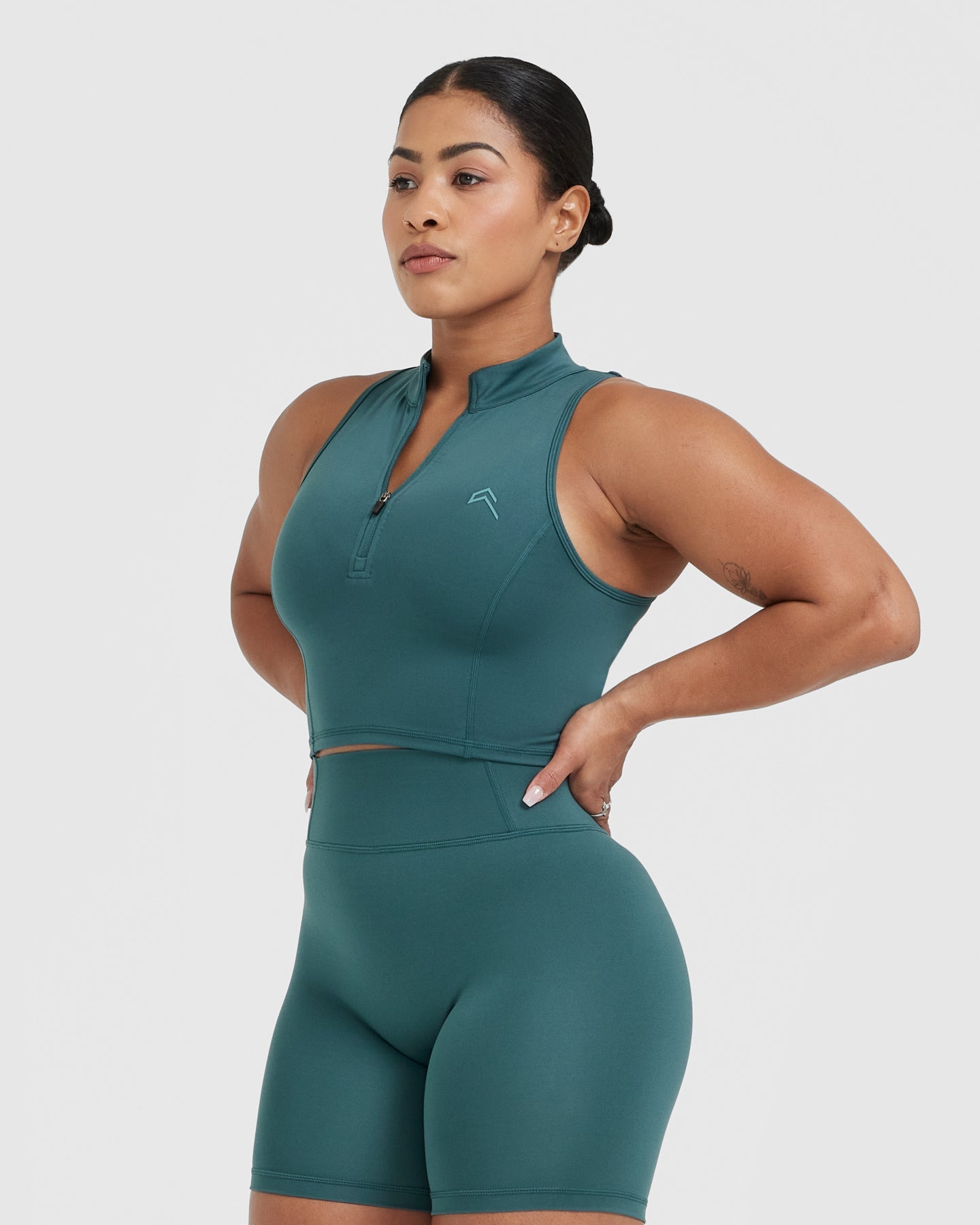 Timeless Half Zip Crop Tank Top for Women - Soft Stretchy Workout Shirt in Marine Teal | Yoga, Gym & Casual Wear