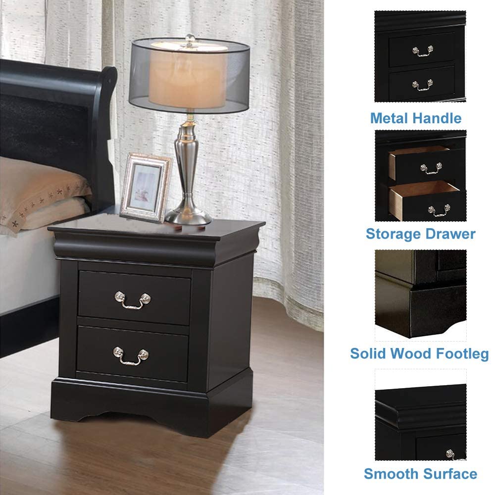 Henf 2-Drawer Nightstand - Traditional Rectangular Wooden Bedside Table for Bedroom, Black | Perfect for Small Spaces, Apartment Living & Guest Rooms