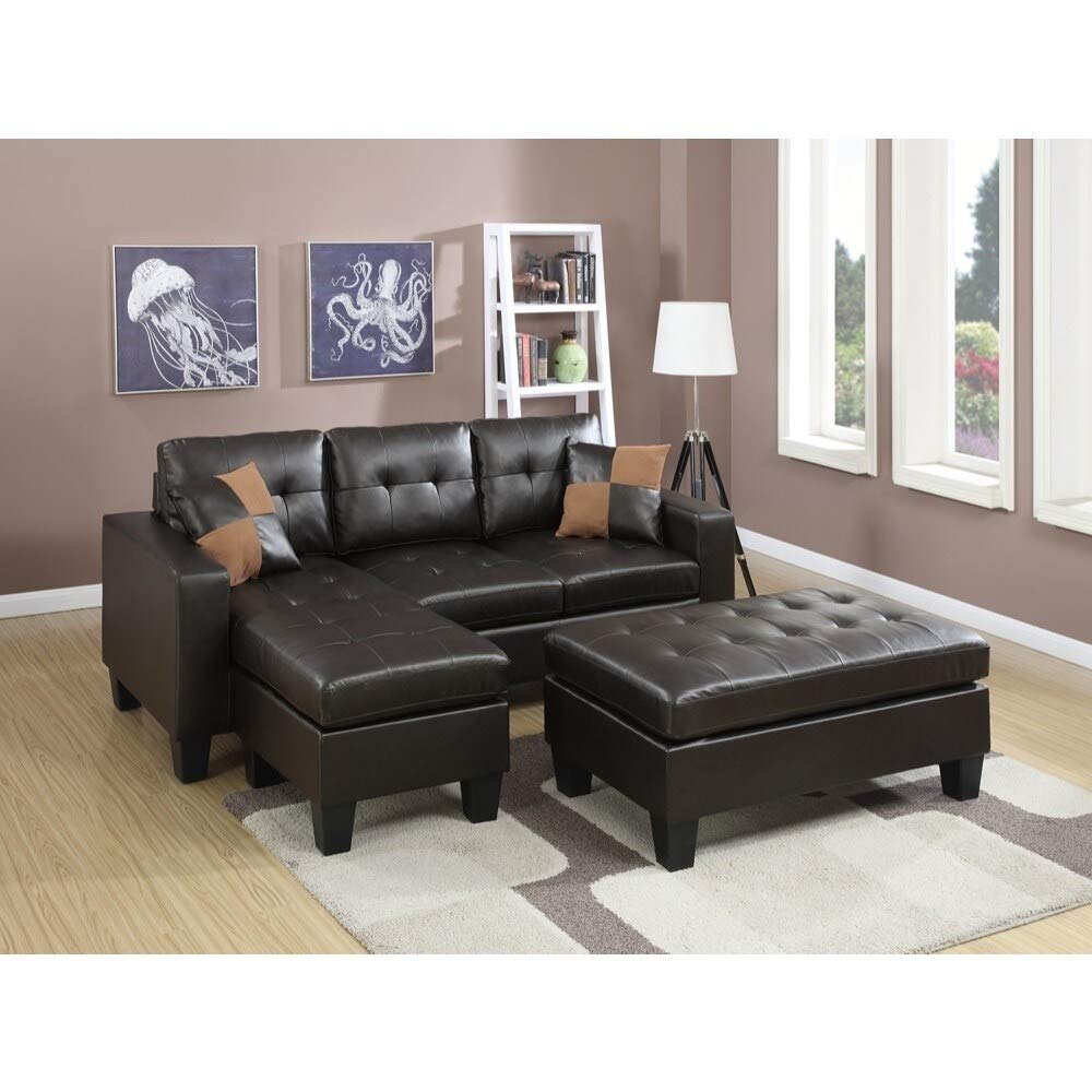 Benjara Bonded Leather Sofa Set with Ottoman & Pillows - Brown/Espresso for Living Room