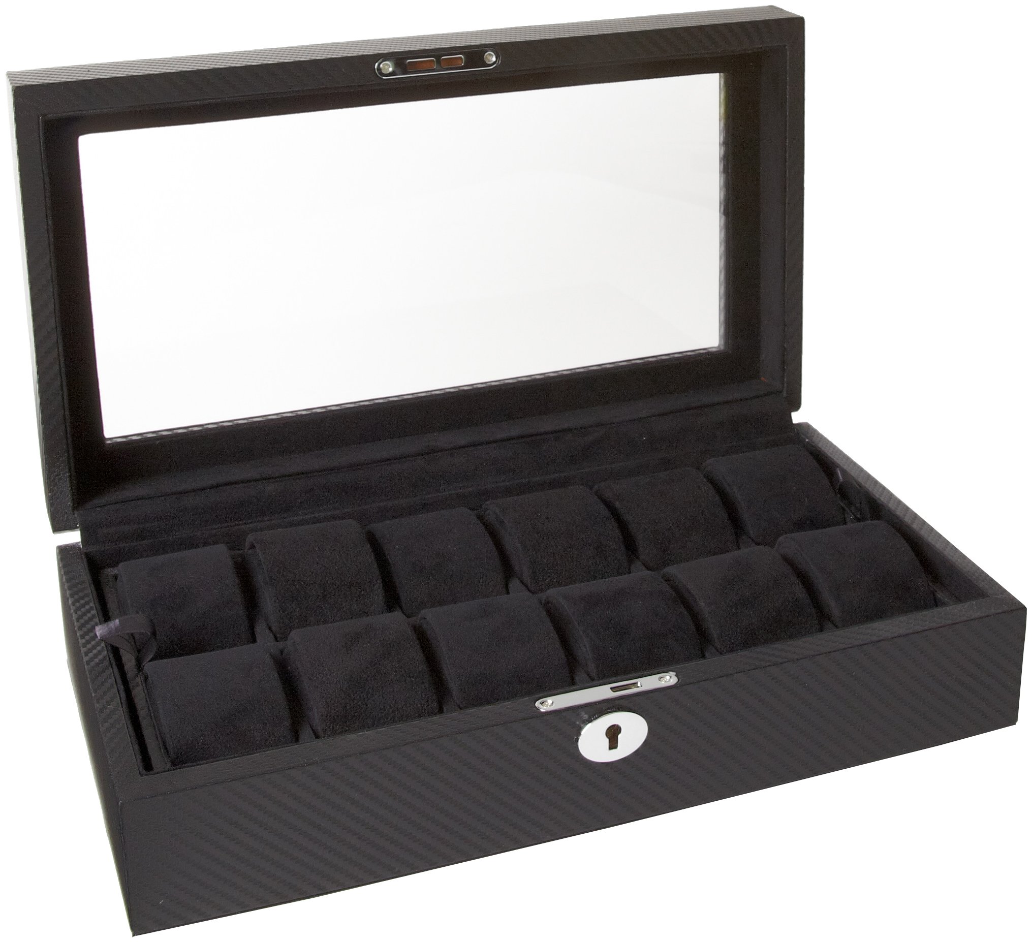 Premium Diplomat 31-449 Carbon Fiber Watch Case - 12 Slot Luxury Watch Box with Black Suede Interior & Clear Top Display - Perfect for Watch Collectors, Jewelry Storage & Travel Organization