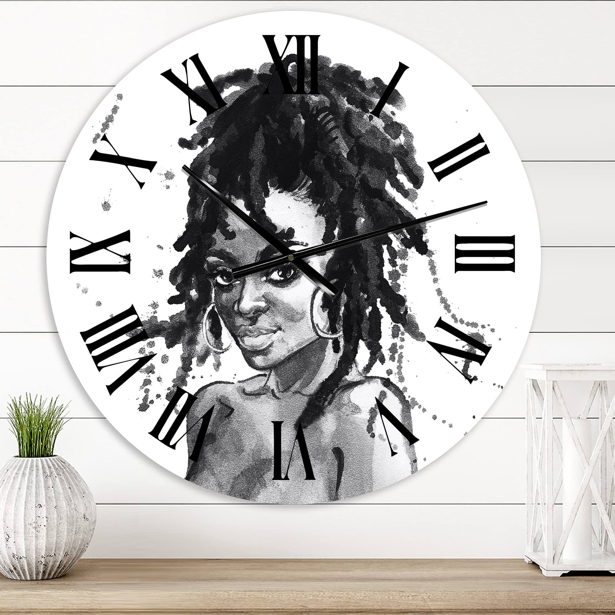 DesignQ Modern Wall Clock - Monochrome Portrait of African American Woman II - Large Decorative Wall Clock for Living Room, Bedroom & Office - Unique Home Decor Gift Idea