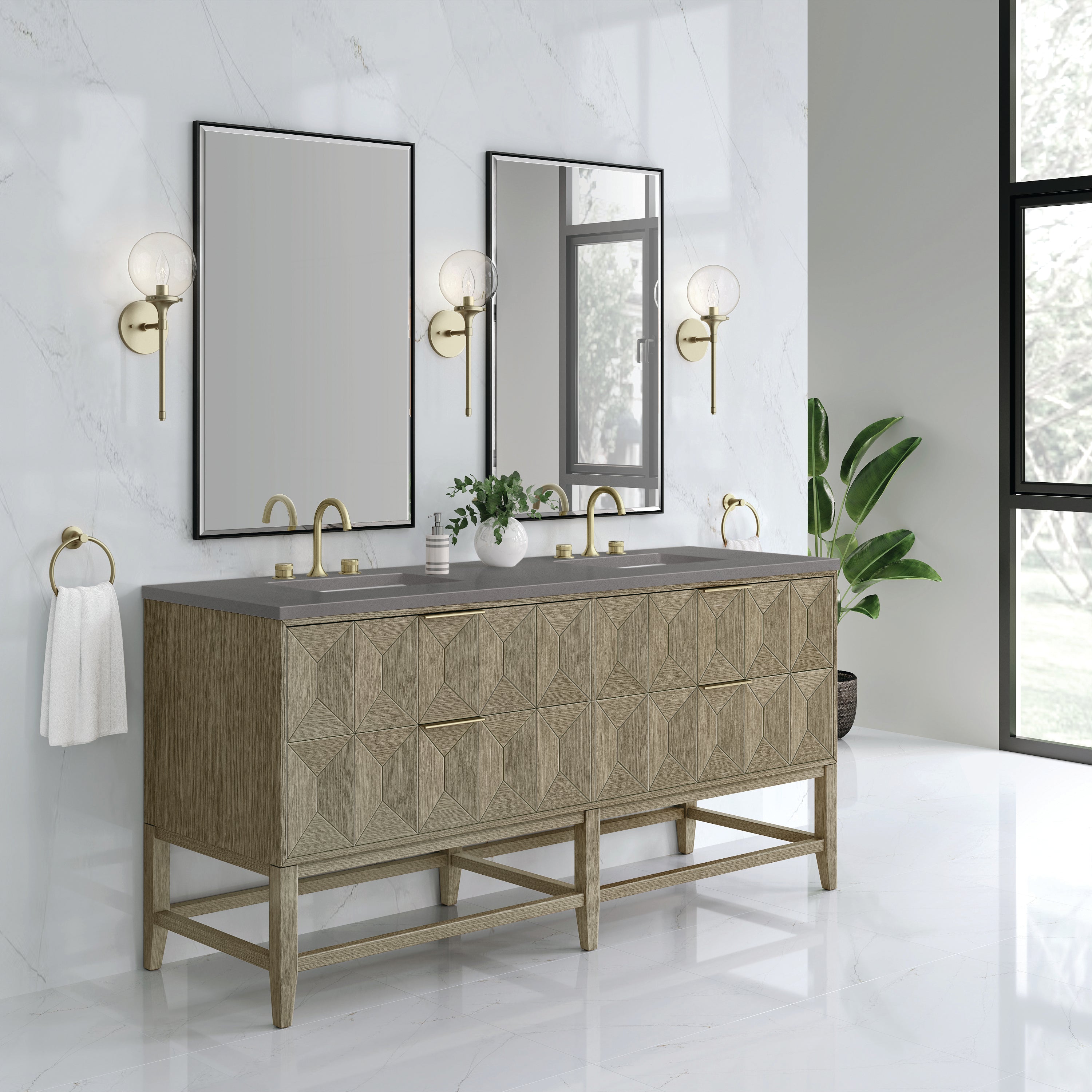 Emmeline 72 Inch Double Bathroom Vanity with Pebble Oak Finish & 3CM Grey Expo Top - Perfect for Master Bathroom, Guest Bath, or Modern Home Renovation