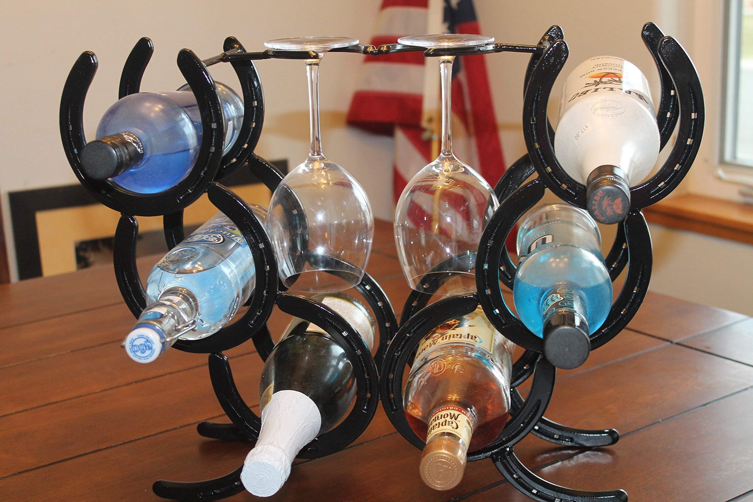 Sturdy Horseshoe Wine Rack - Holds 6 Wine Bottles & 2 Glasses - Perfect for Kitchen, Bar, or Dining Room Decor