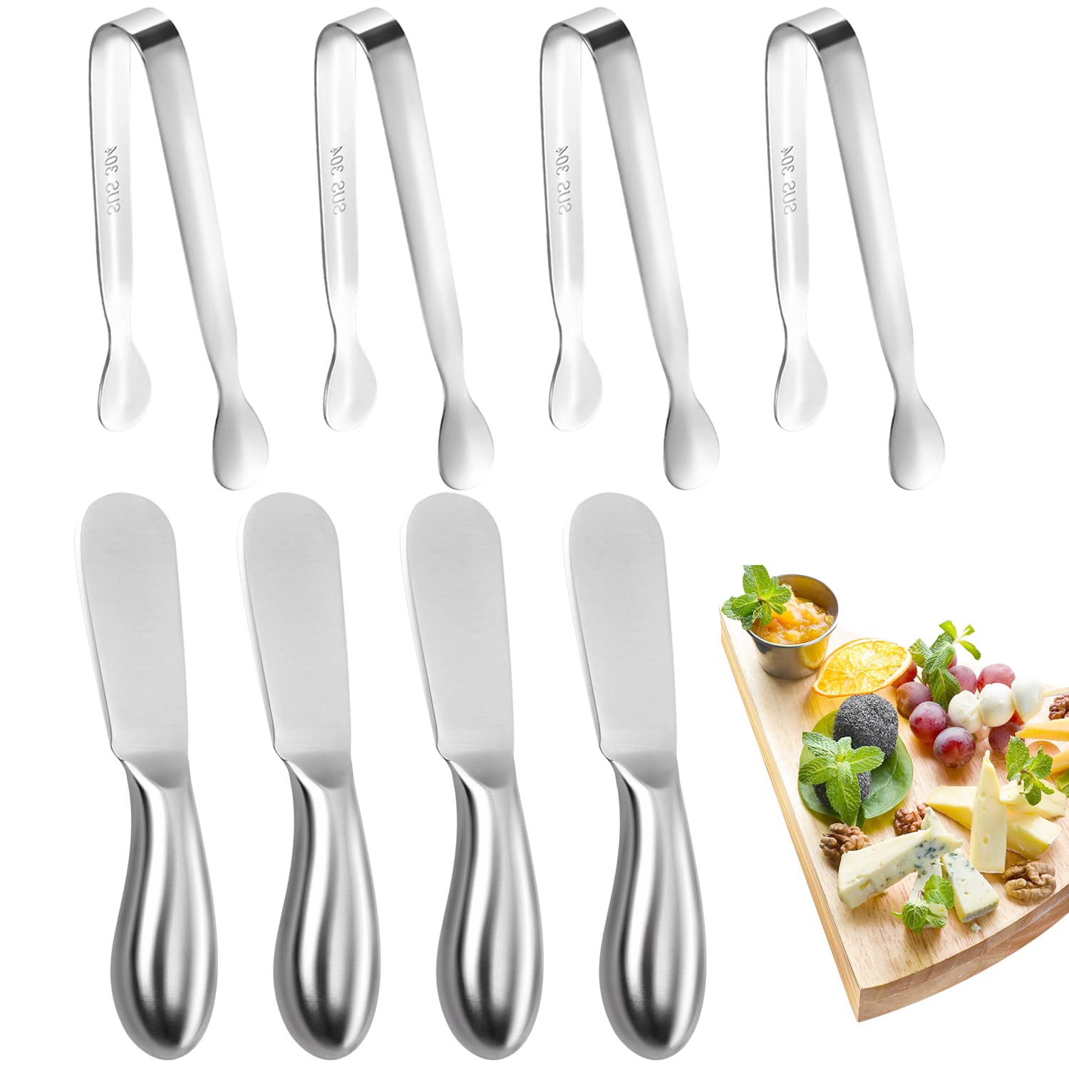 8-Piece Stainless Steel Butter Spreader Knife Set with Mini Serving Tongs - Perfect for Cheese, Jam, Butter, Appetizers & Charcuterie Boards - Ideal for Kitchen, Dining & Entertaining