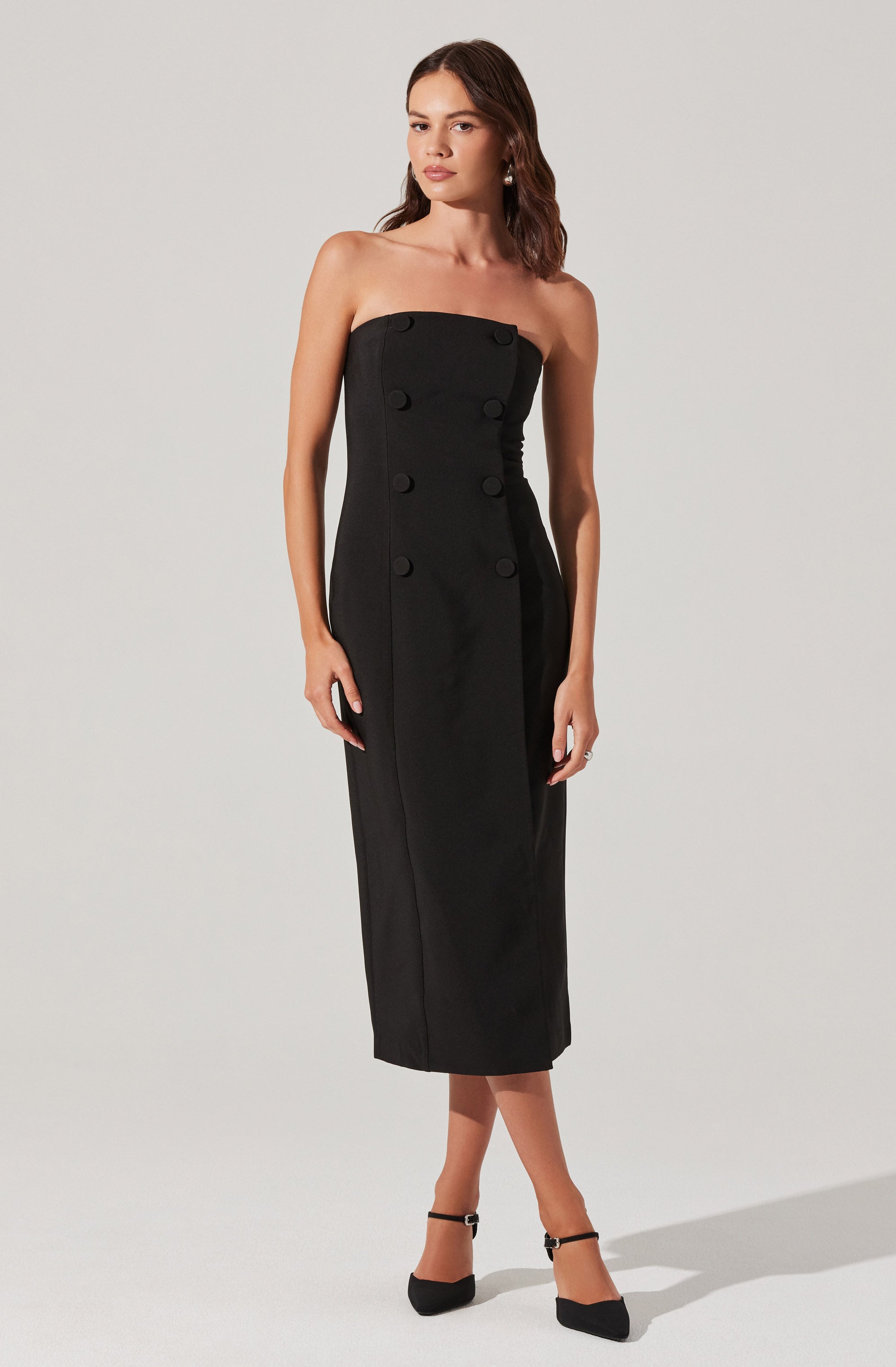 Strapless Double Breasted Midi Dress for Women - Elegant Formal & Cocktail Party Wear - Perfect for Weddings, Evening Events & Date Nights