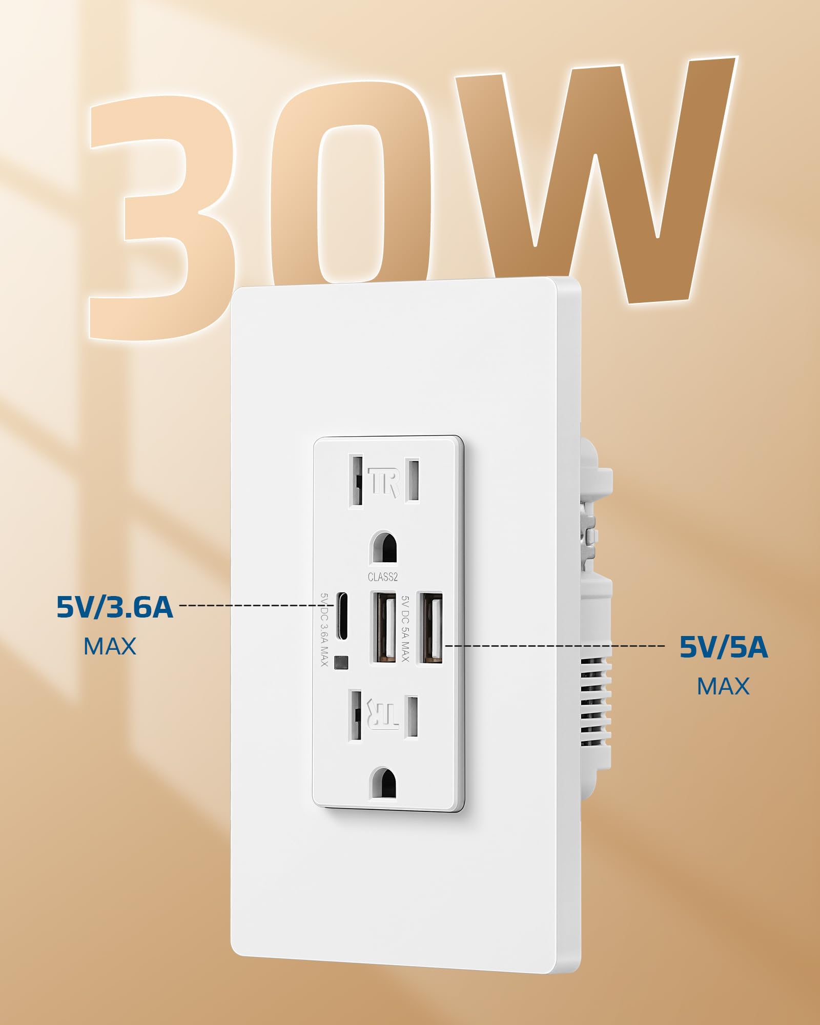 DEWENWILS 1 Pack 30W 3-Port USB Wall Outlet (2 USB A + 1 USB C) with Screwless Wall Plate, 15A Tamper Resistant & UL Listed - Perfect for Home, Office & Hotel Charging Stations - White