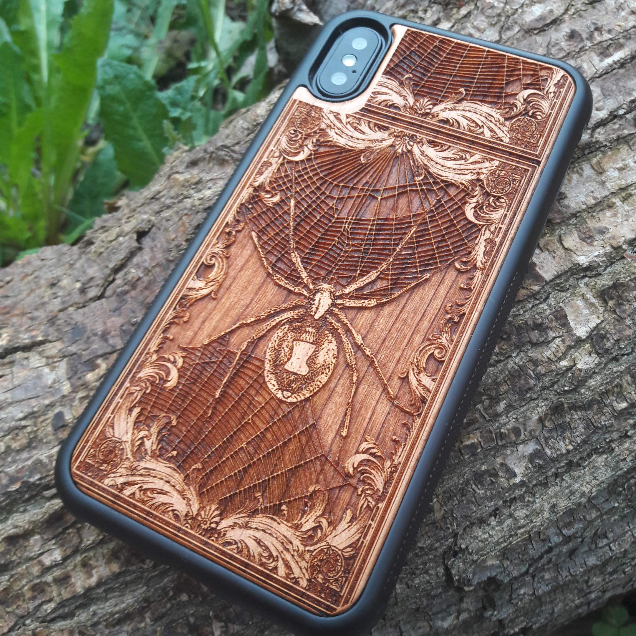 Black Widow Spider Laser Engraved Wooden Phone Case for iPhone 16/15/14/13/12/11 Pro Max Mini & Galaxy S25/S24/S23/S22/S21/S20 Ultra Plus - Eco-Friendly Slim Durable Wood Cover - Perfect for Nature Lovers & Marvel Fans