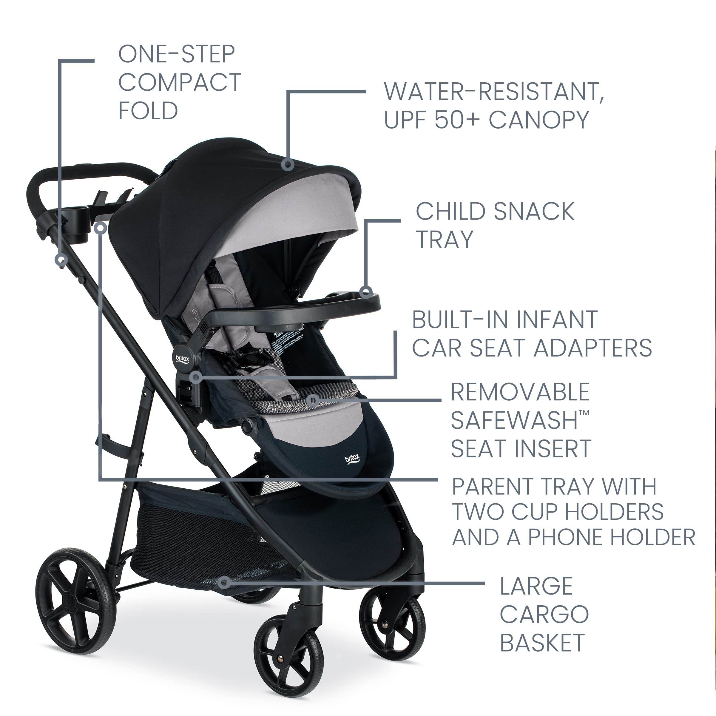 Britax Brook+ Modular Baby Stroller - Ultra-Lightweight Infant & Toddler Travel System with SafeWash Insert, 4 Recline Positions & One-Hand Fold - Graphite Onyx - Perfect for City Walks, Shopping & Air Travel