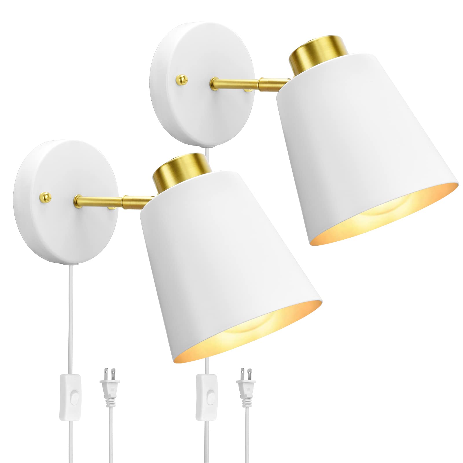 Yollzey Plug-in Wall Sconces - 2 Pack Adjustable Vintage Industrial Wall Lights with Rotatable Angle & White Finish | Perfect for Bedroom, Living Room, Hallway & Office Reading Lighting
